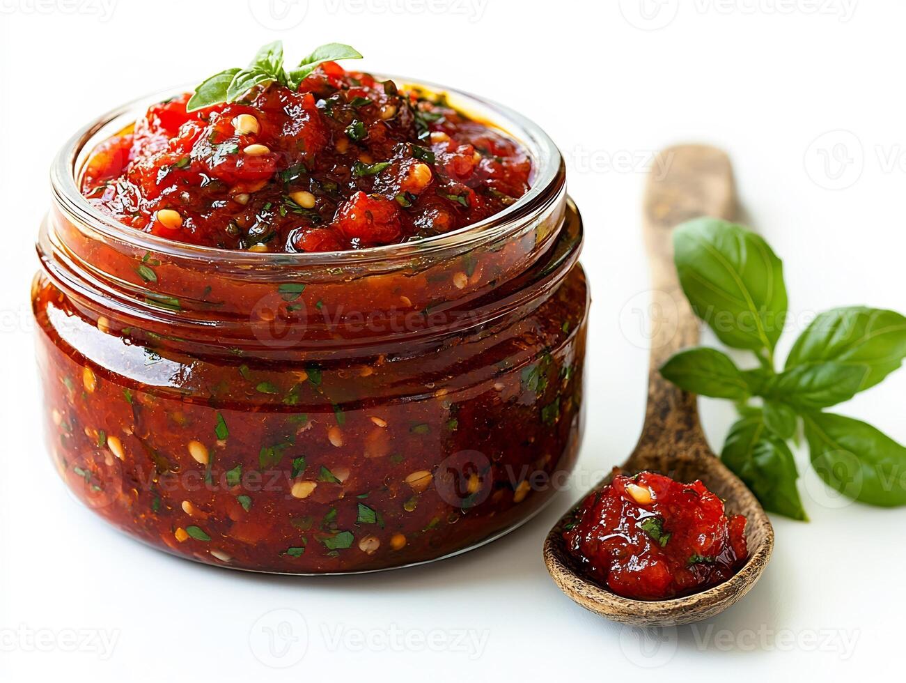 Small jar of tangy tomato sauce with a spoon beside it placed on a clean white background photo