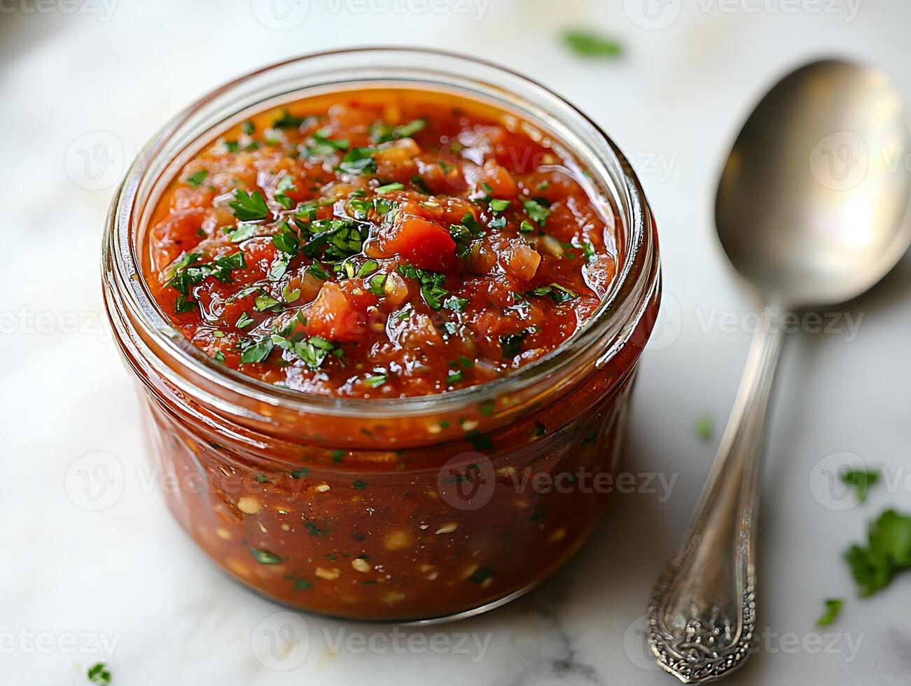 Small jar of tangy tomato sauce with a spoon beside it placed on a clean white background photo