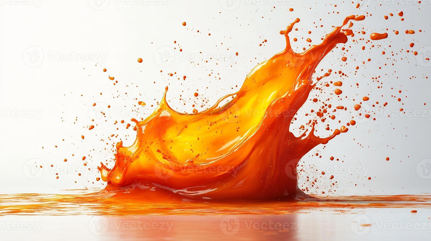 Splash of fiery habanero sauce spread across a white background showcasing its vibrant orange hue photo