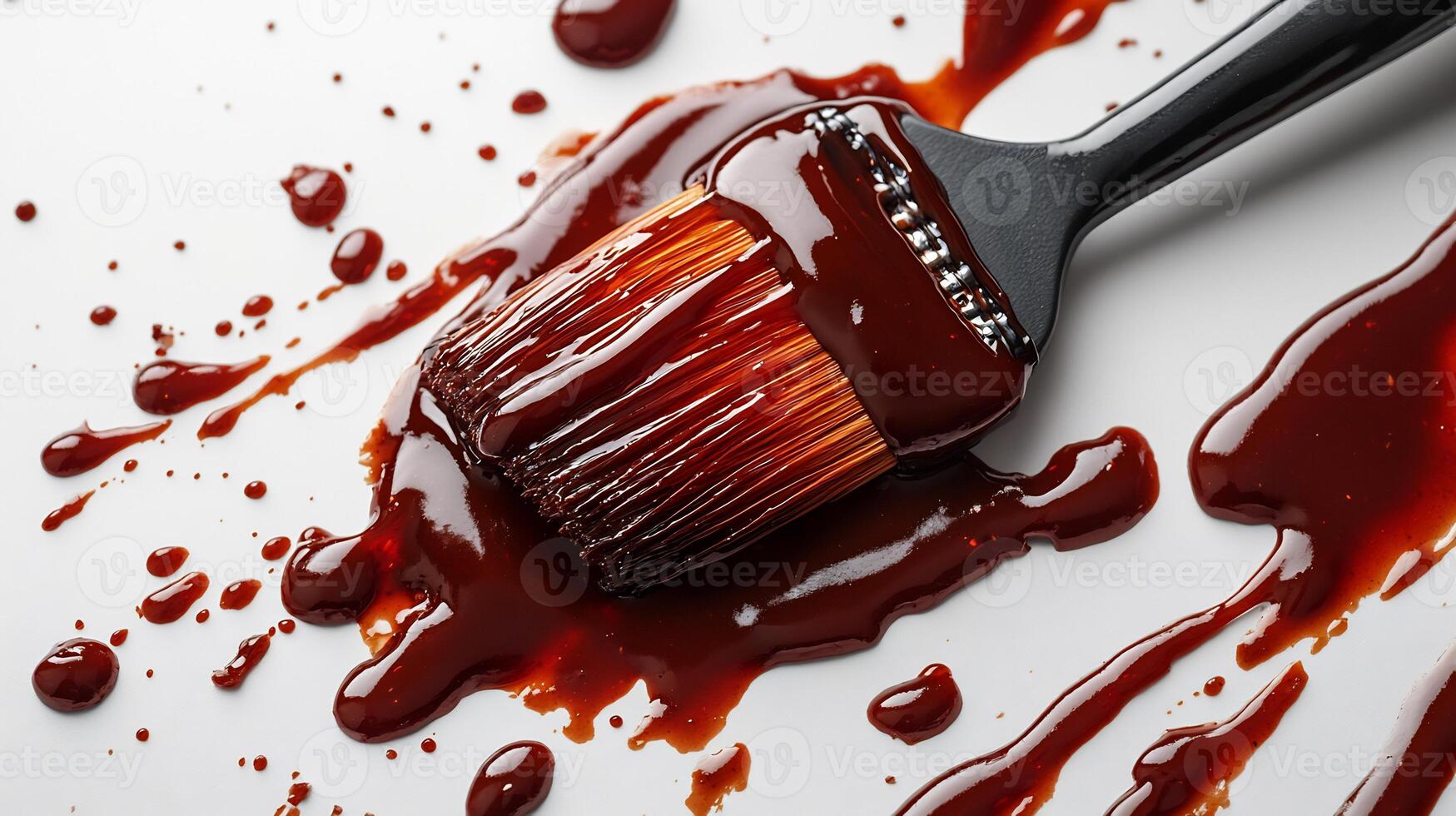 Splash of tangy barbecue sauce with a basting brush beside it creating a bold texture on a white background photo