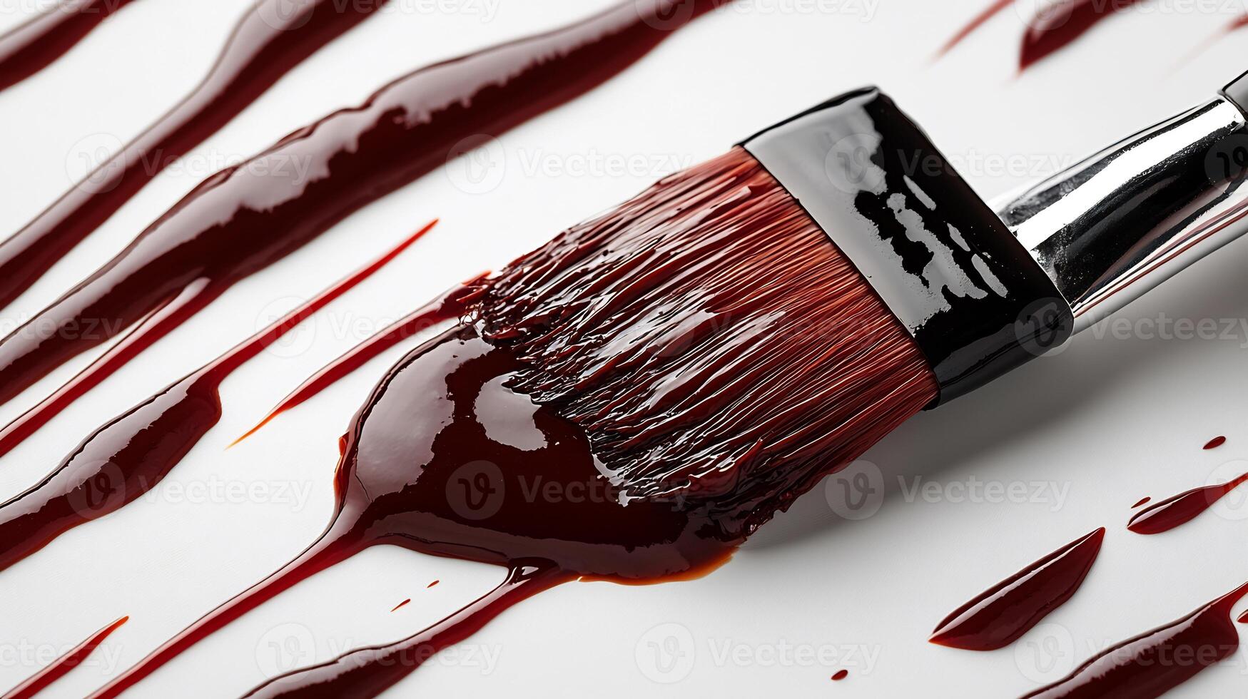 Splash of tangy barbecue sauce with a basting brush beside it creating a bold texture on a white background photo