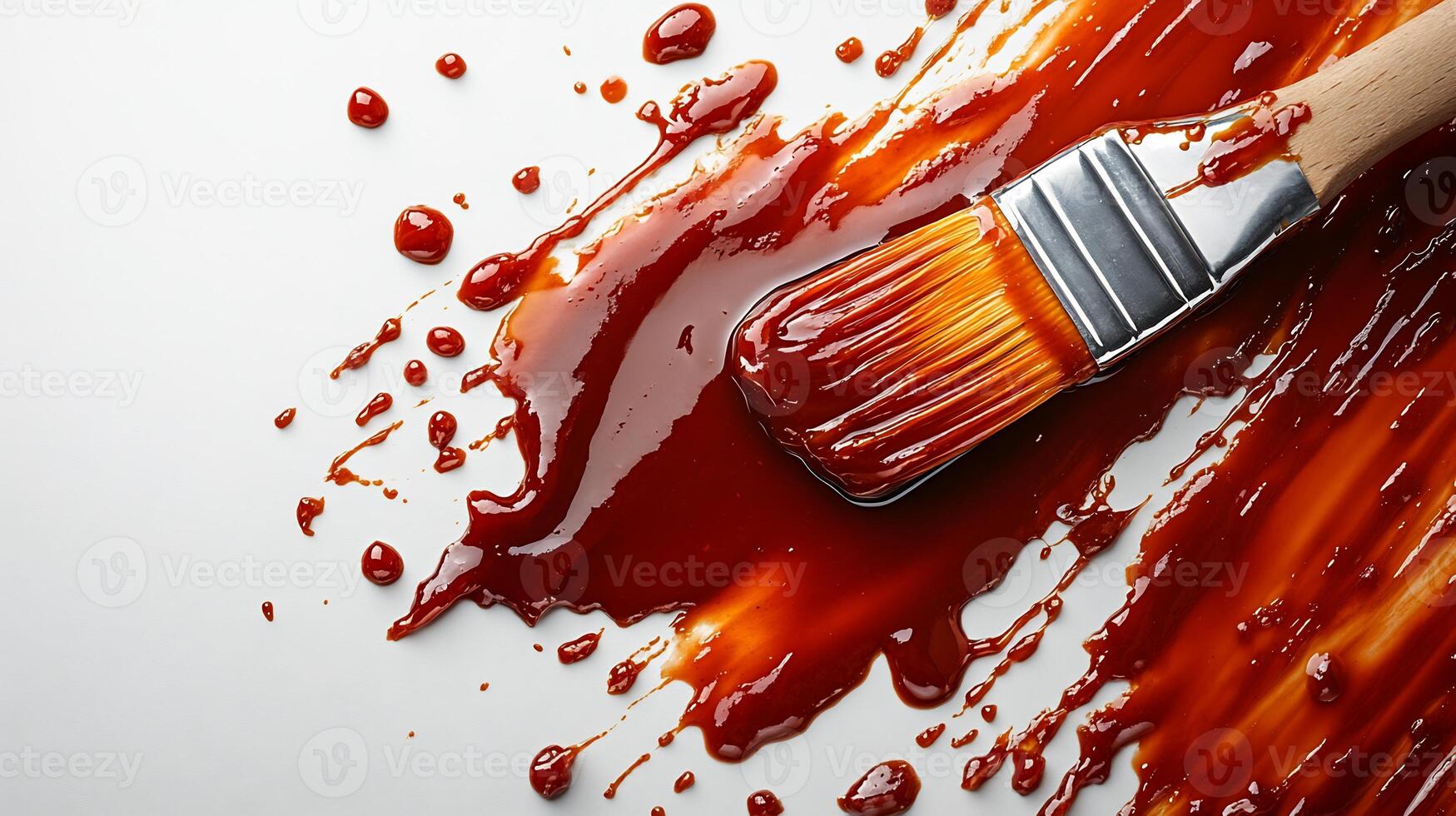 Splash of tangy barbecue sauce with a basting brush beside it creating a bold texture on a white background photo