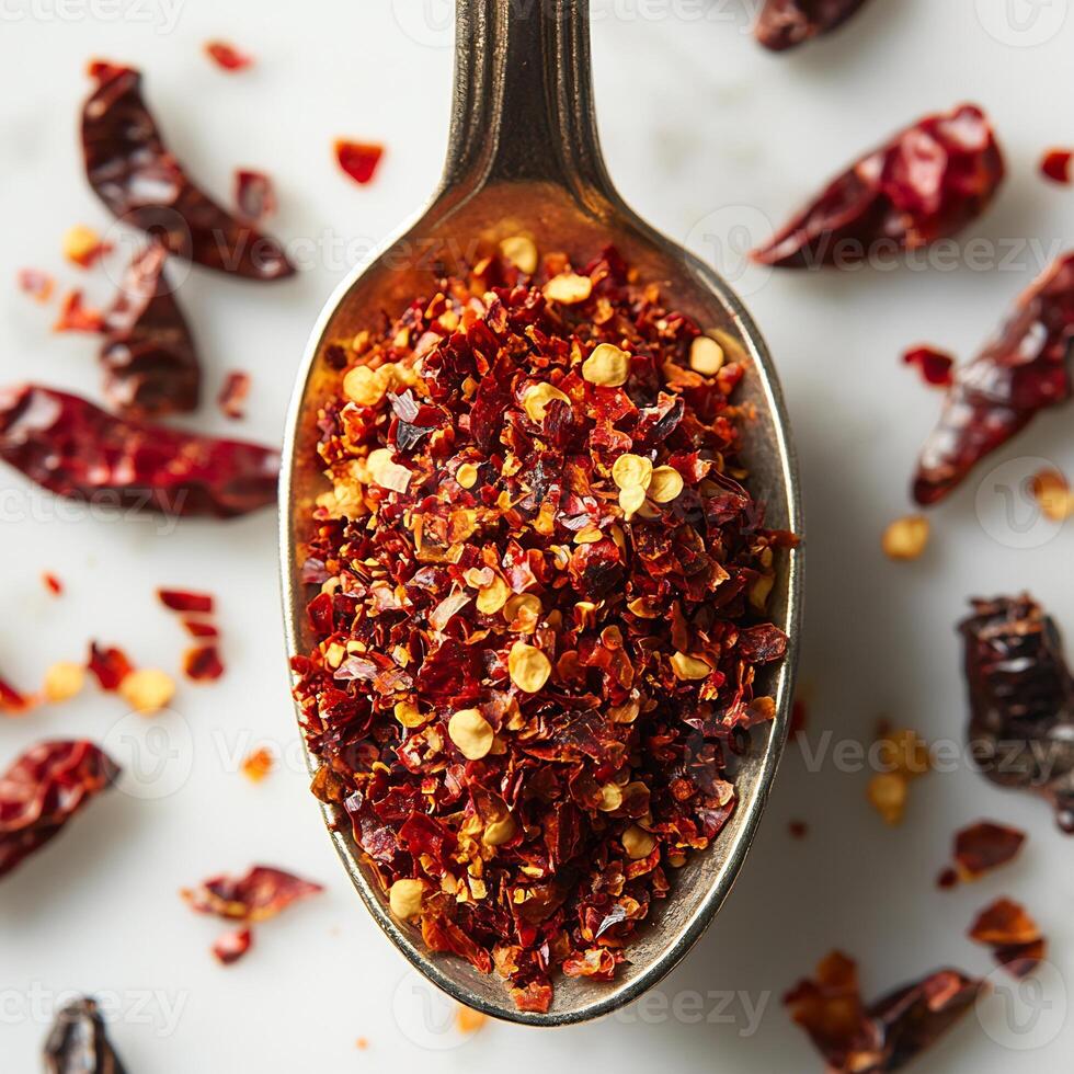 Spoonful of crushed red pepper placed on a white background surrounded by whole dried chilies photo