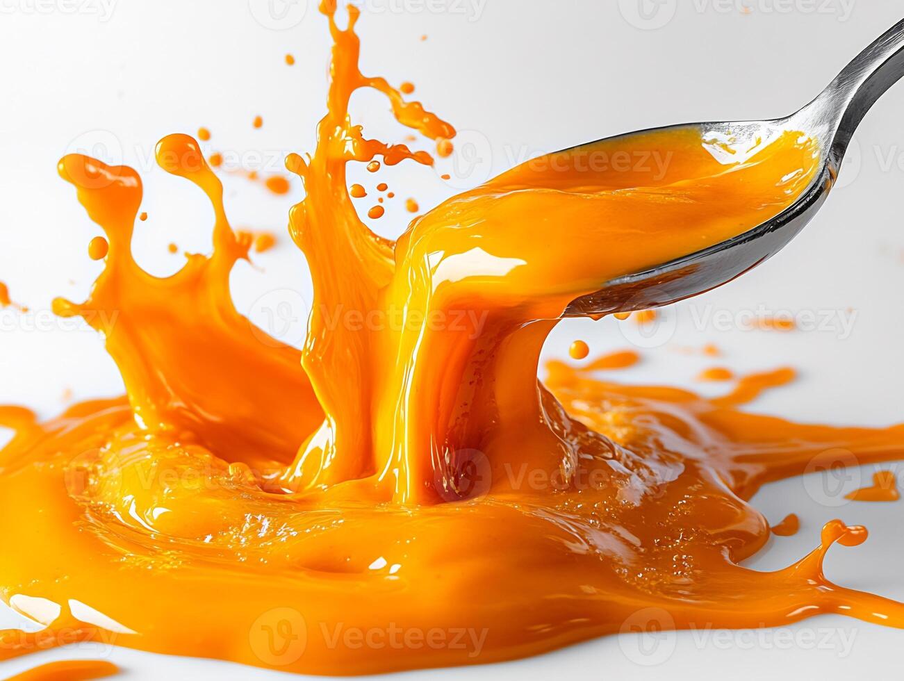 Spoonful of hot buffalo sauce splashed on a white background showing its fiery orange hue photo