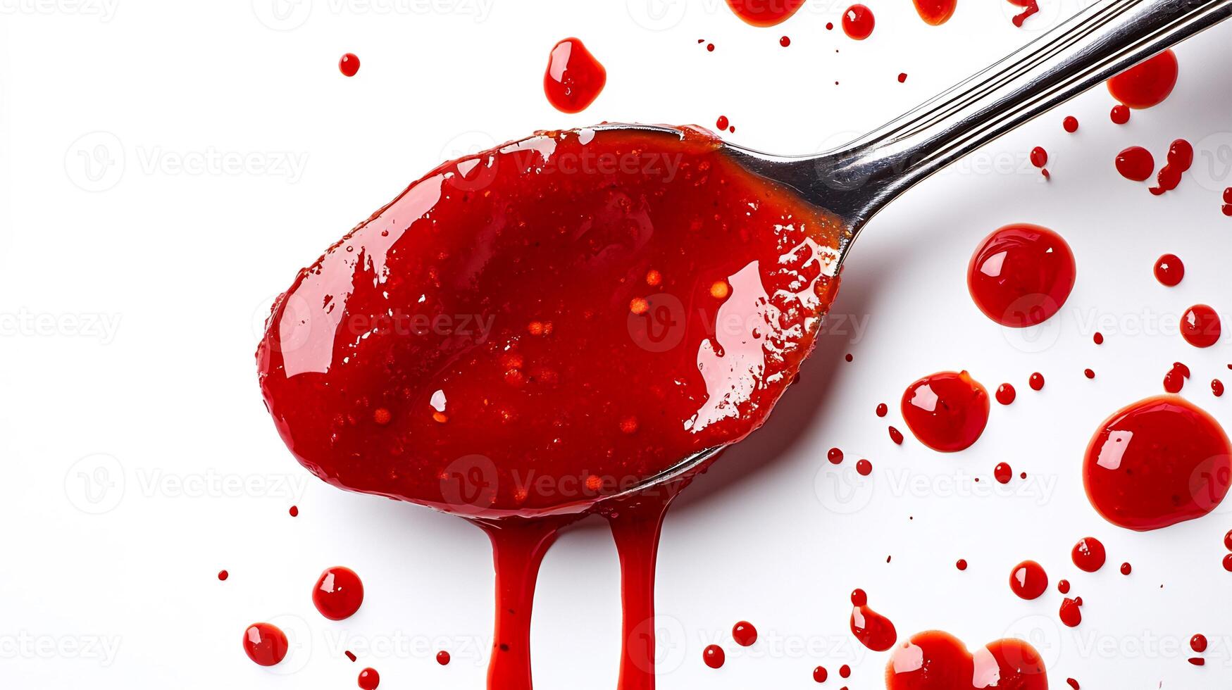 Spoonful of hot Sriracha sauce dripping onto a white background showing its intense red color photo