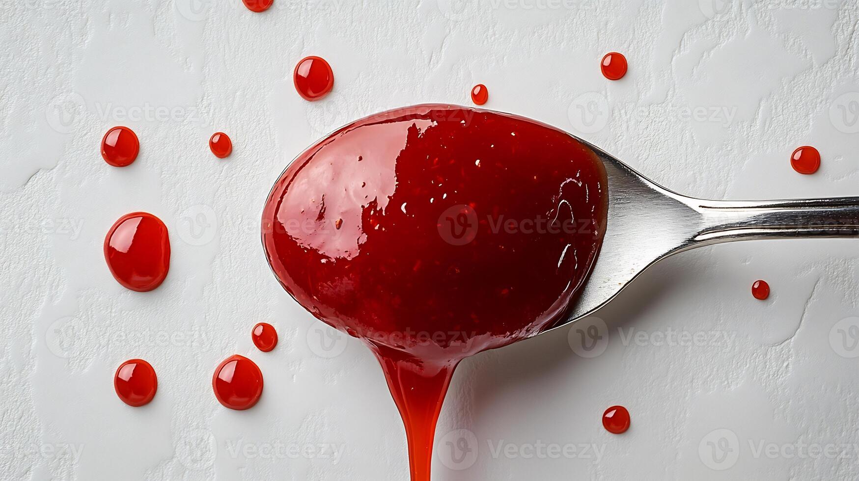 Spoonful of hot Sriracha sauce dripping onto a white background showing its intense red color photo