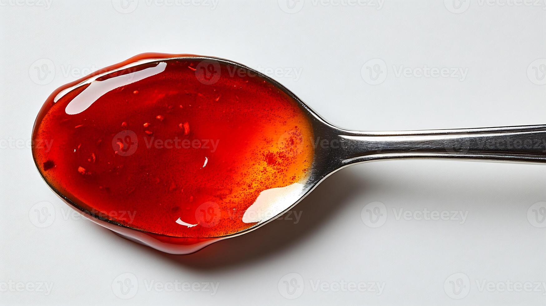 Spoonful of hot Sriracha sauce dripping onto a white background showing its intense red color photo