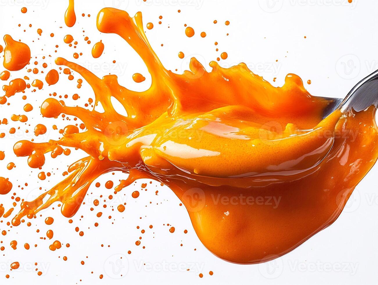 Spoonful of hot buffalo sauce splashed on a white background showing its fiery orange hue photo