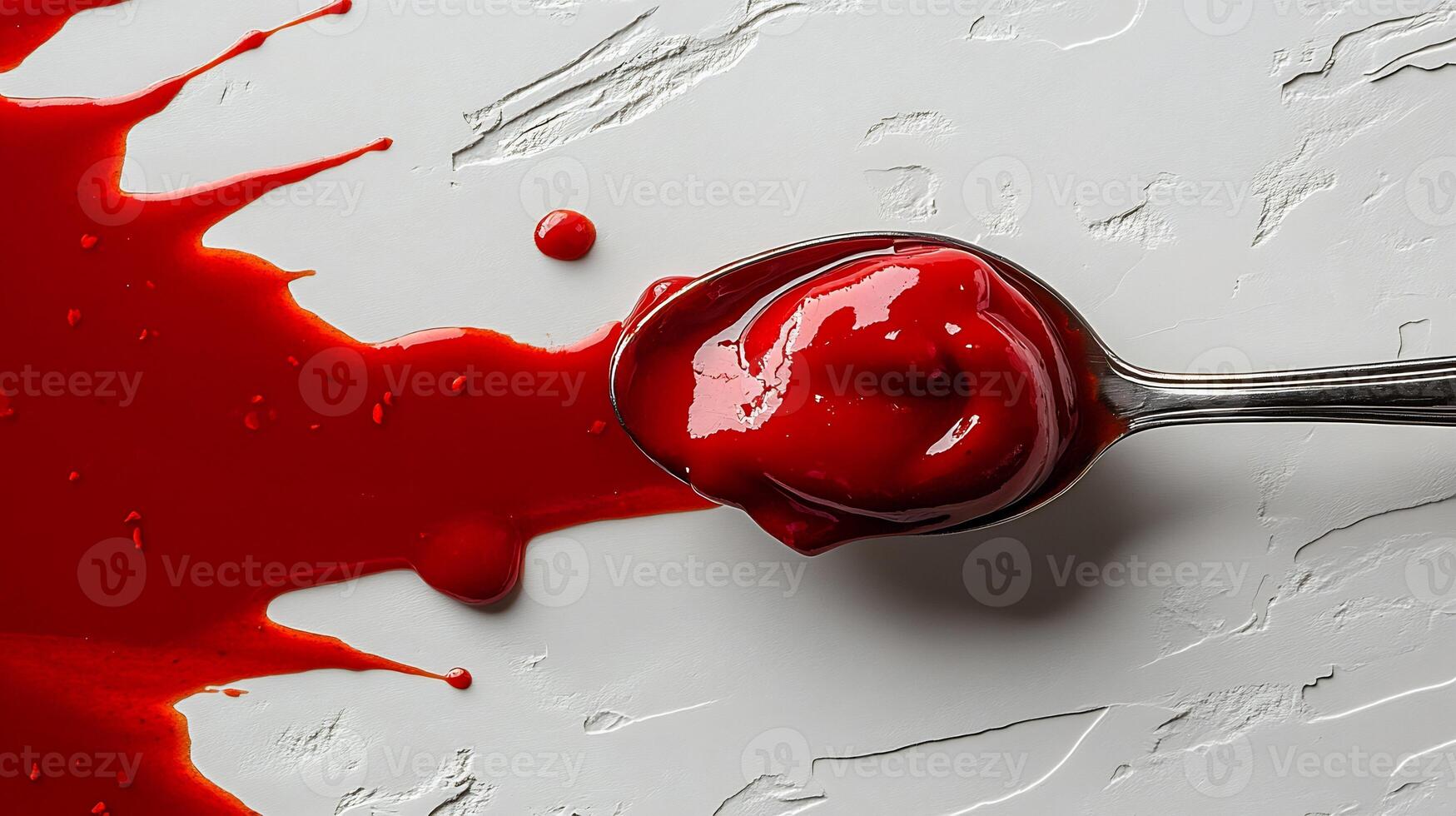 Spoonful of hot Sriracha sauce dripping onto a white background showing its intense red color photo