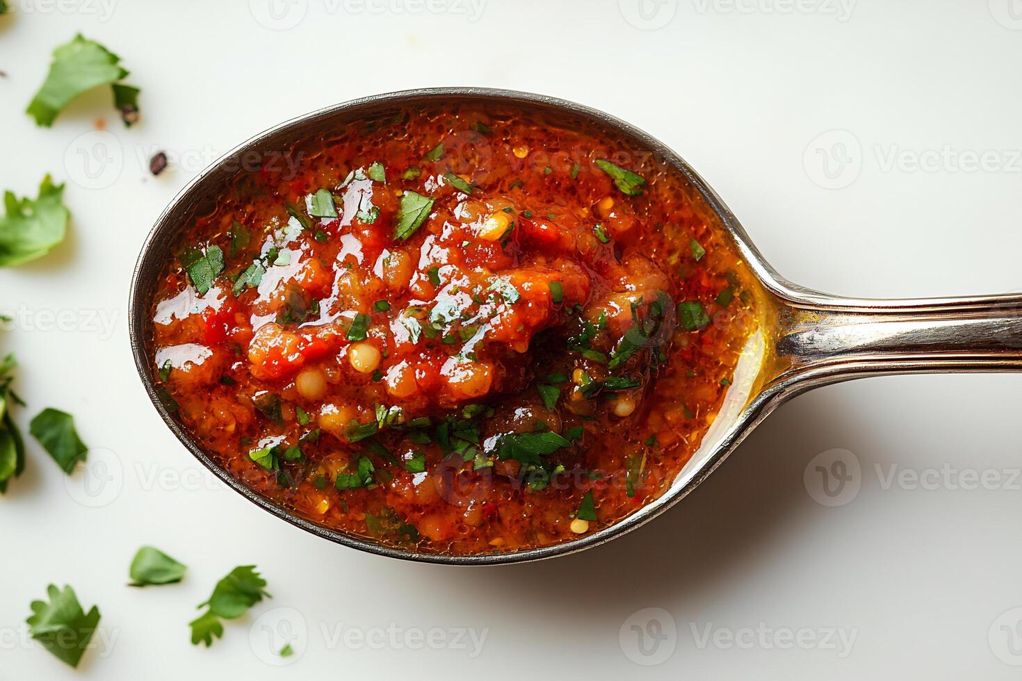Spoonful of rich spicy curry sauce placed in the center of a white background showing texture and boldness photo