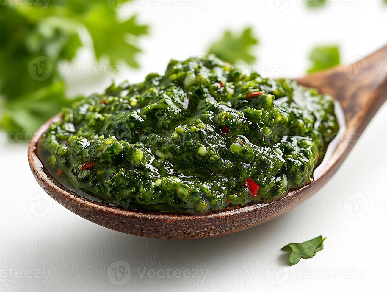 Spoonful of spicy green chutney placed on a clean white background vibrant and bold in color photo