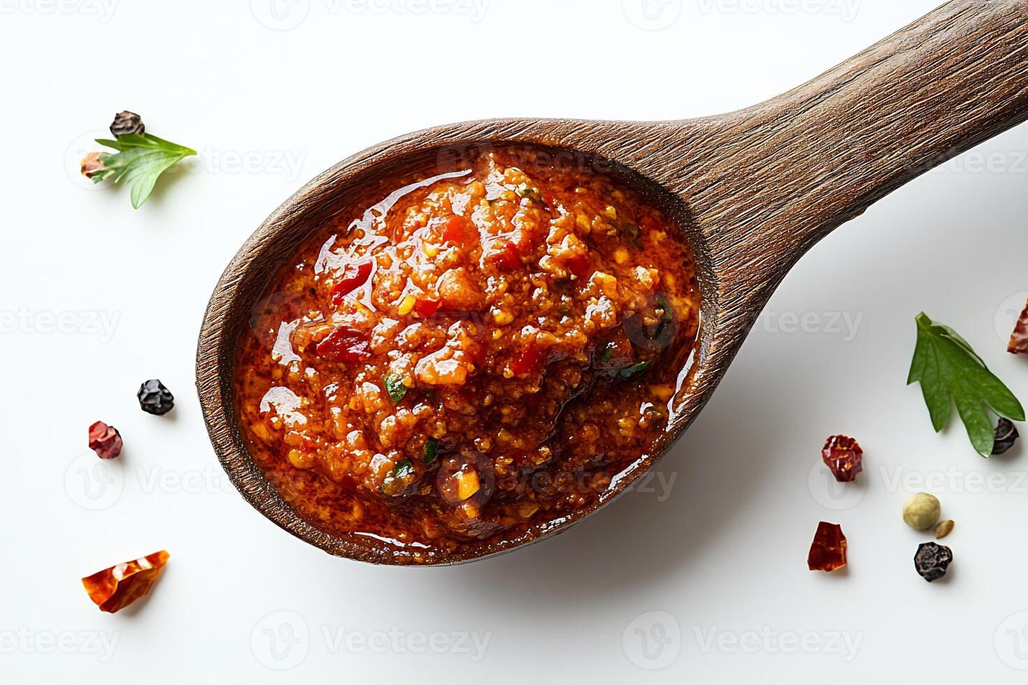 Spoonful of rich spicy curry sauce placed in the center of a white background showing texture and boldness photo
