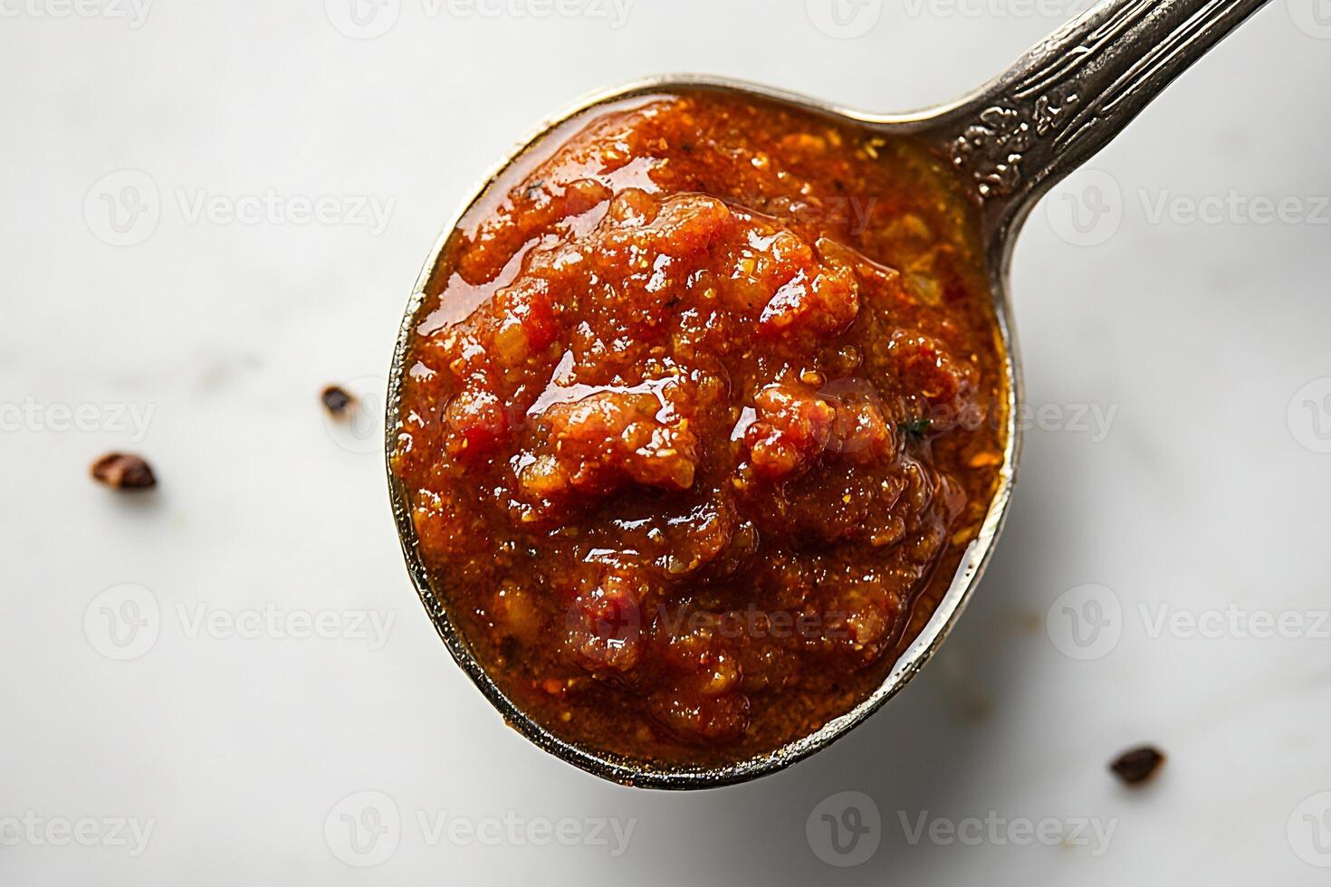 Spoonful of rich spicy curry sauce placed in the center of a white background showing texture and boldness photo
