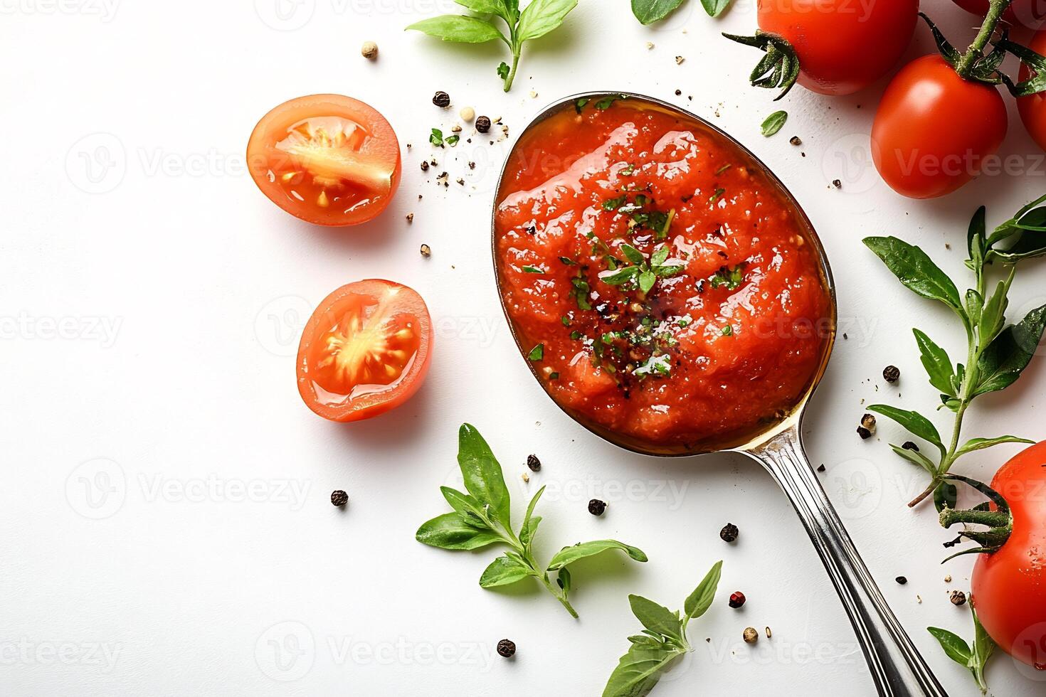 Spoonful of thick tomato sauce placed on a clean white background surrounded by fresh herbs photo