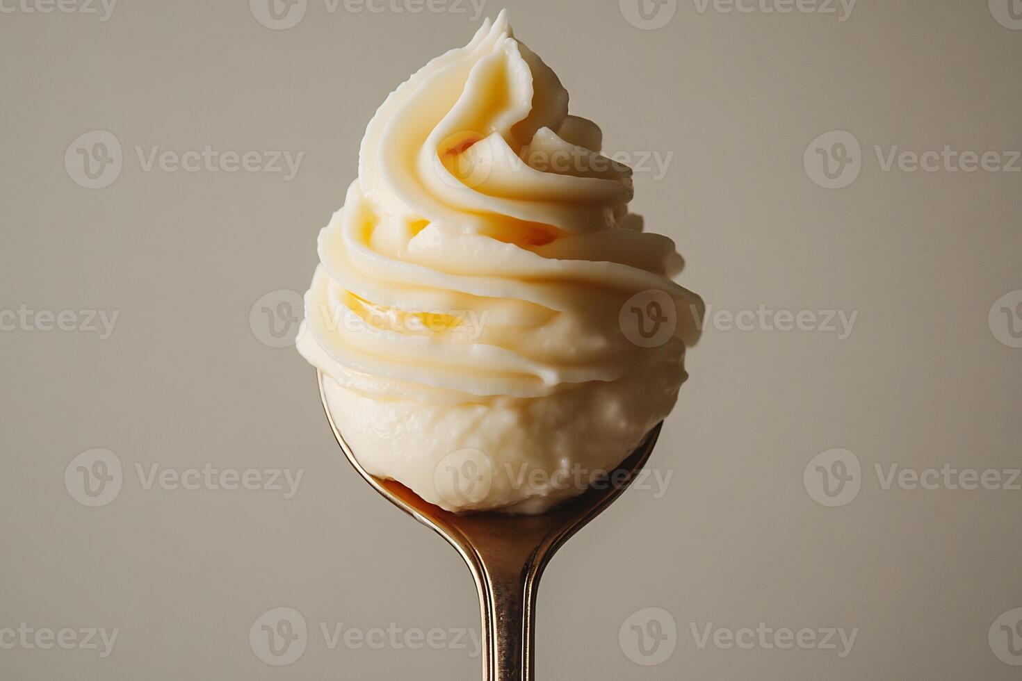 Spoonful of thick yogurt sauce placed in the center of a white background minimalistic and fresh photo