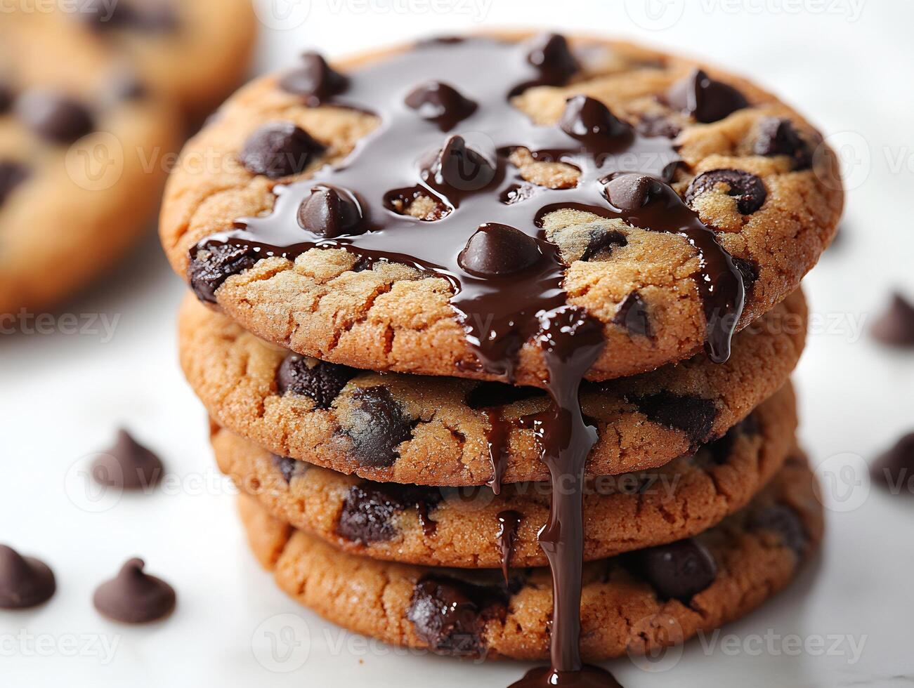 Stack of chocolate chip cookies with melted chocolate drizzled on a clean white background rich and indulgent photo