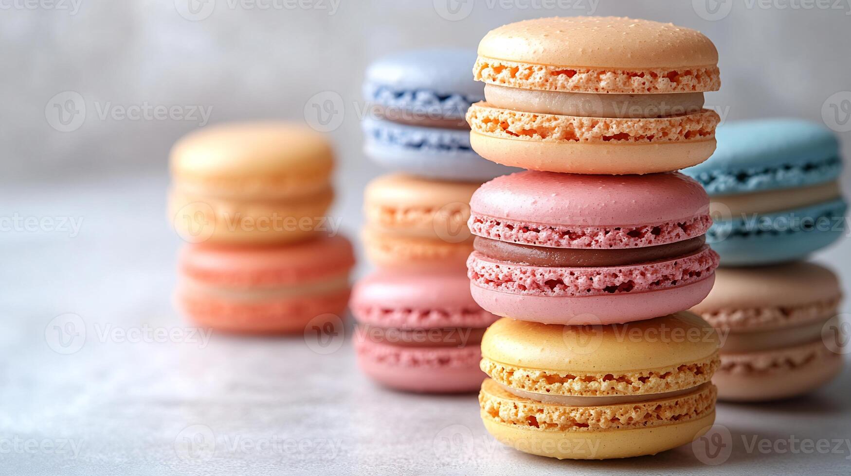 Stack of colorful macarons placed on a pristine white background creating a vibrant and delicate display photo