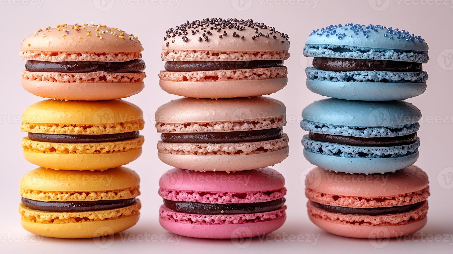 Stack of colorful macarons placed on a pristine white background creating a vibrant and delicate display photo