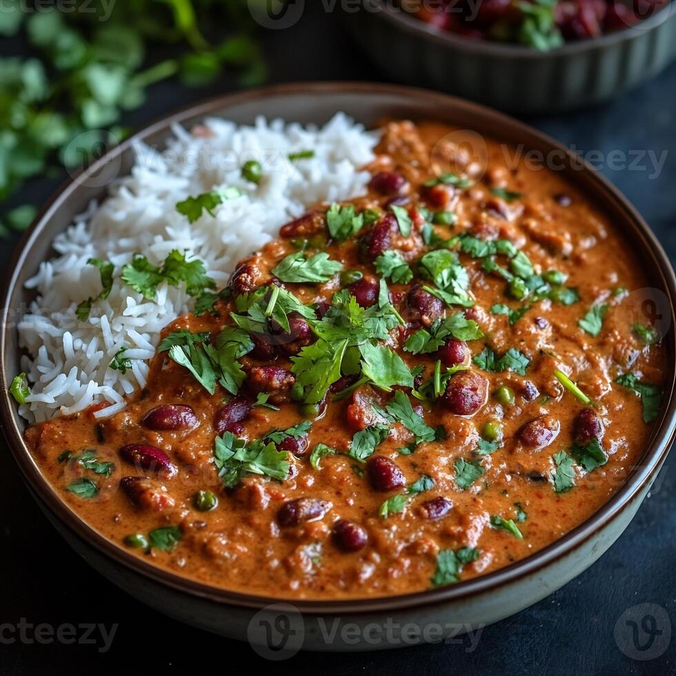 Steaming plate of rajma chawal with creamy rajma curry and fragrant basmati rice garnished with fresh coriander photo