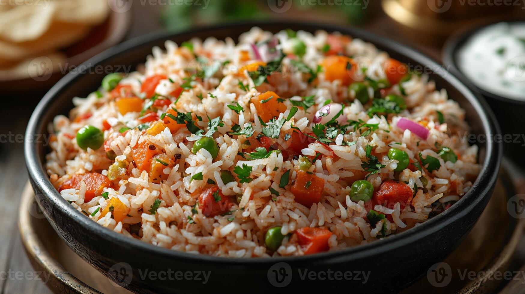 Steaming plate of veg pulao with mixed vegetables and fragrant spices served with a side of raita photo