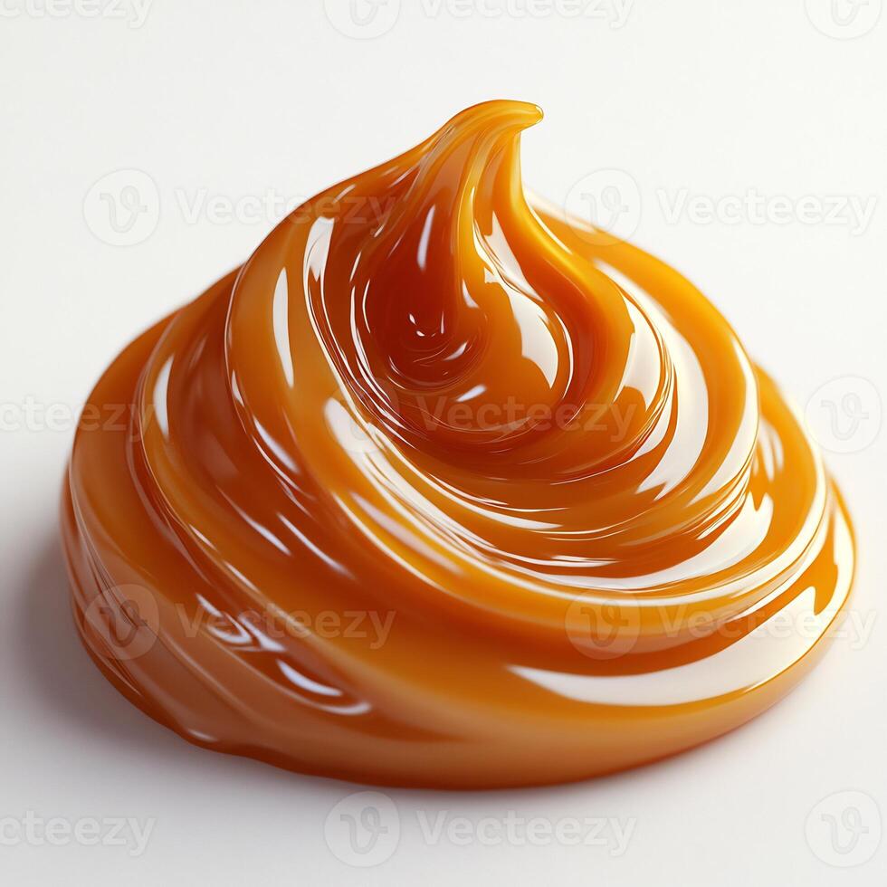 Swirl of caramel sauce drizzled artistically on a white background smooth and glossy photo