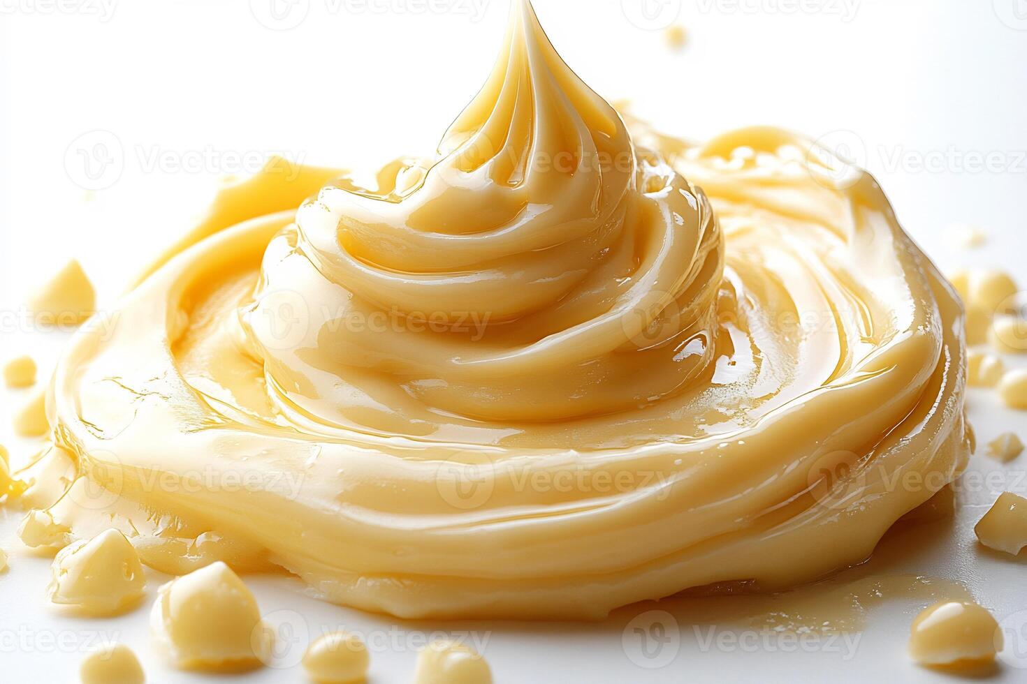 Swirl of creamy cheese sauce artistically drizzled on a white background smooth and rich in texture photo
