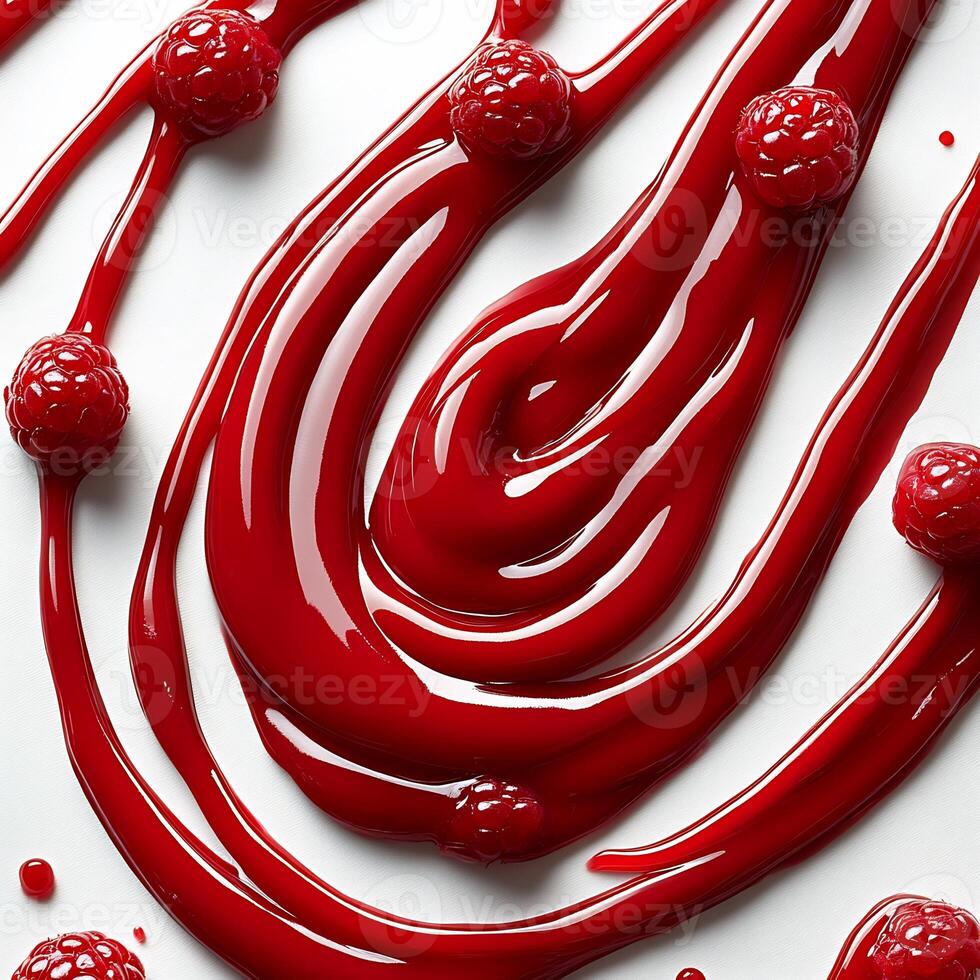 Swirl of raspberry sauce drizzled across a white background creating a bold and sweet pattern photo