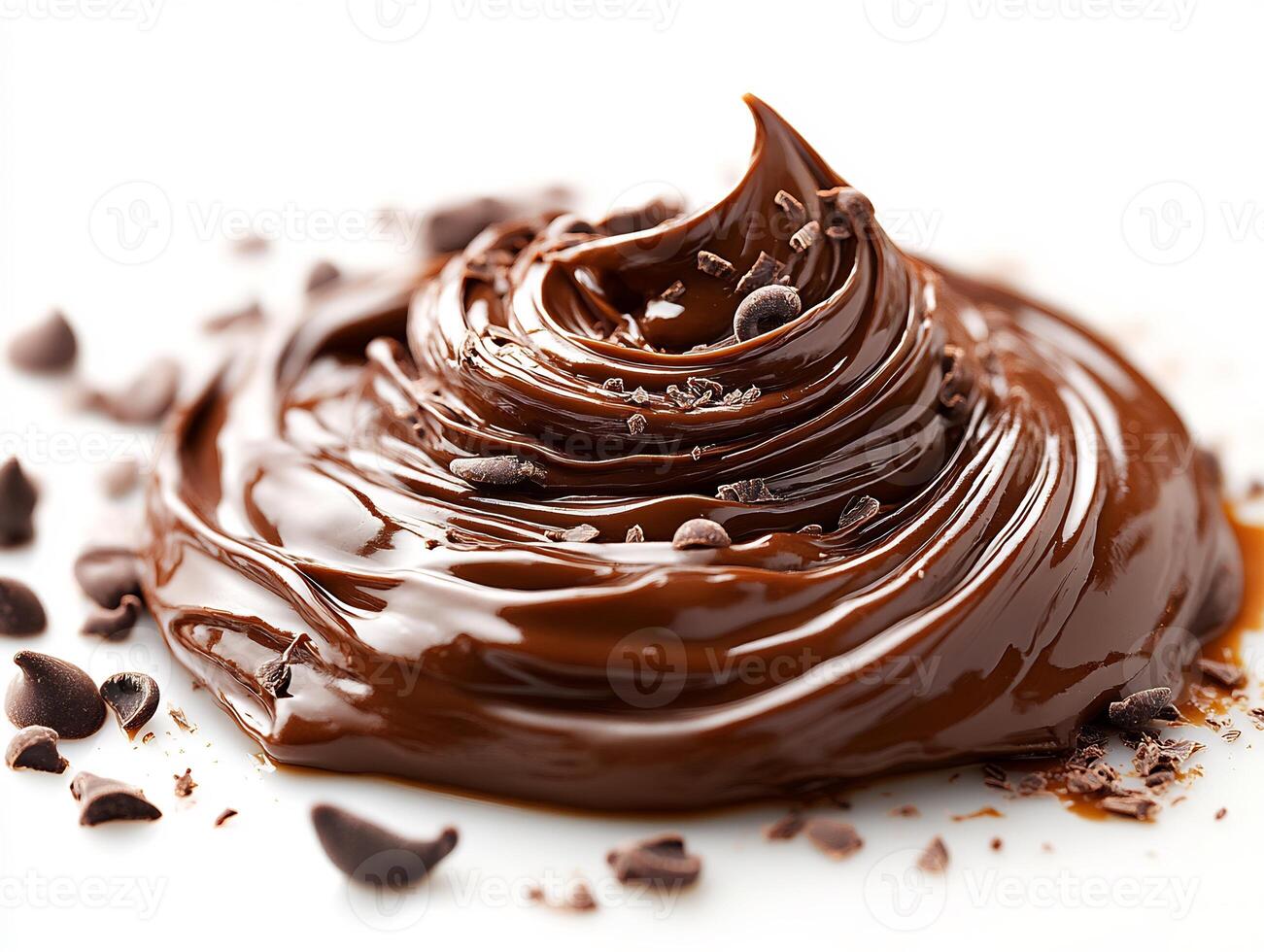 Swirl of rich chocolate sauce artistically drizzled on a clean white background glossy and smooth photo