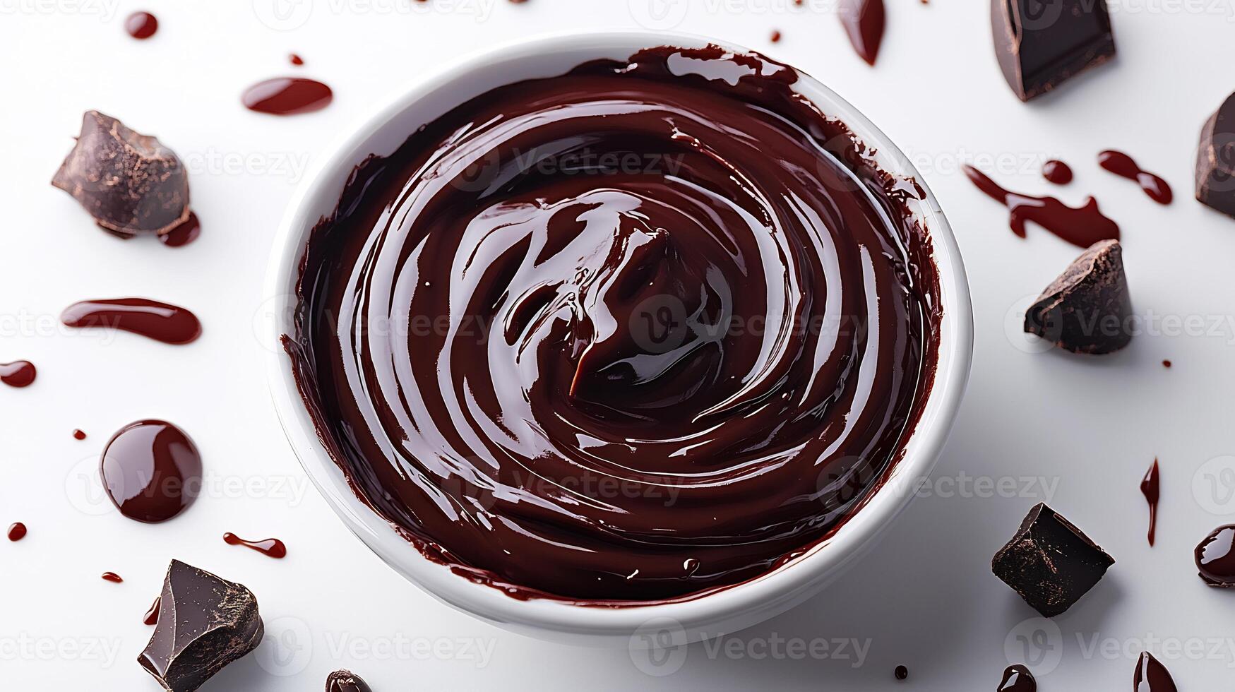 Swirl of rich chocolate sauce on a white background creating a smooth and glossy texture photo