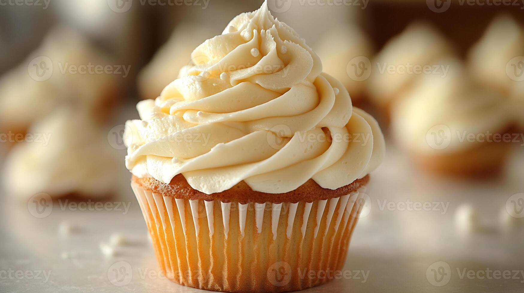 Swirl of vanilla buttercream frosting on a cupcake placed on a white background creamy and smooth photo
