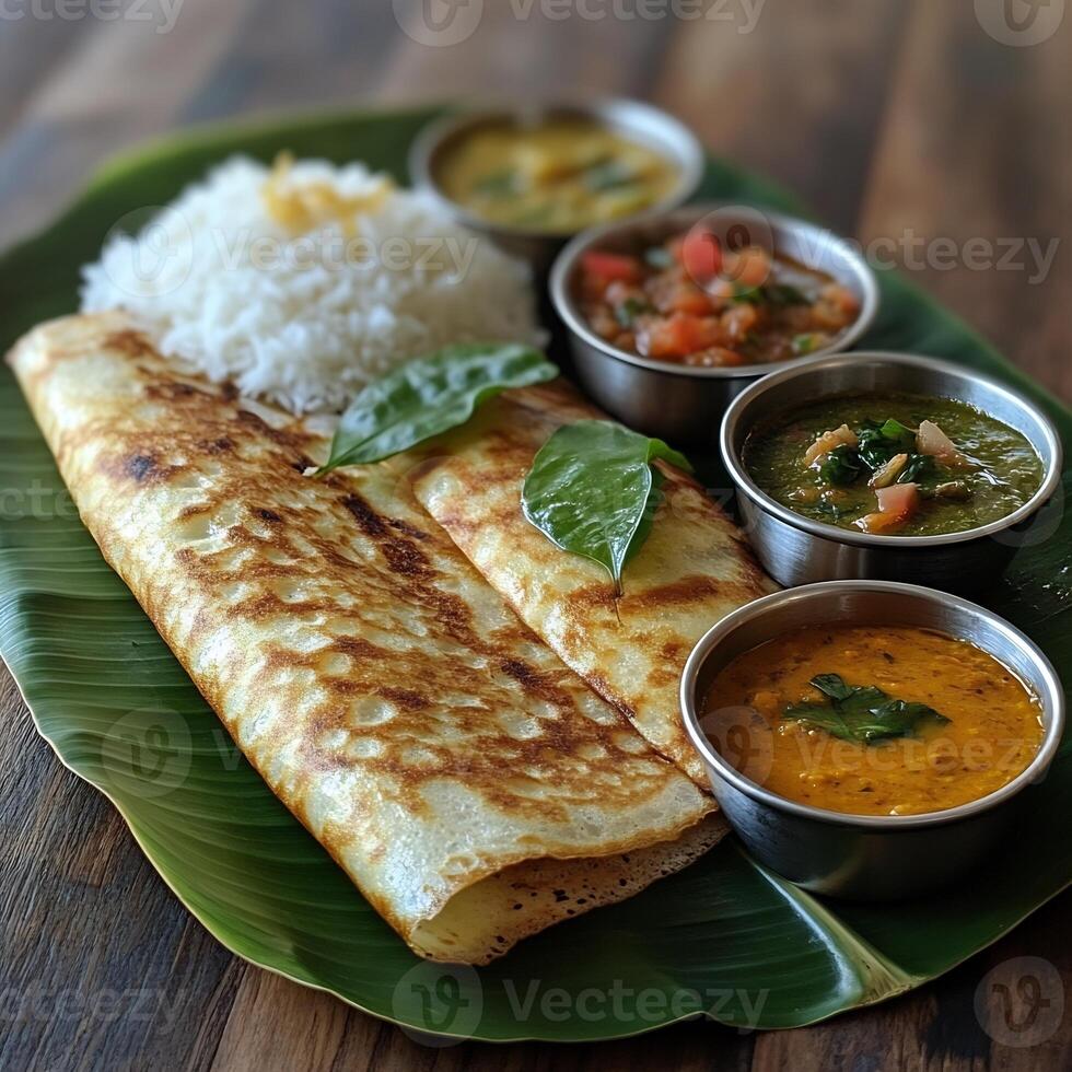 Traditional South Indian meal with dosa coconut chutney and sambar served on a banana leaf photo