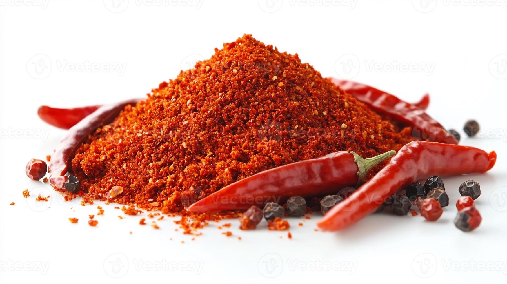 Vibrant heap of crushed red chili powder arranged in a small pile on a clean white background photo
