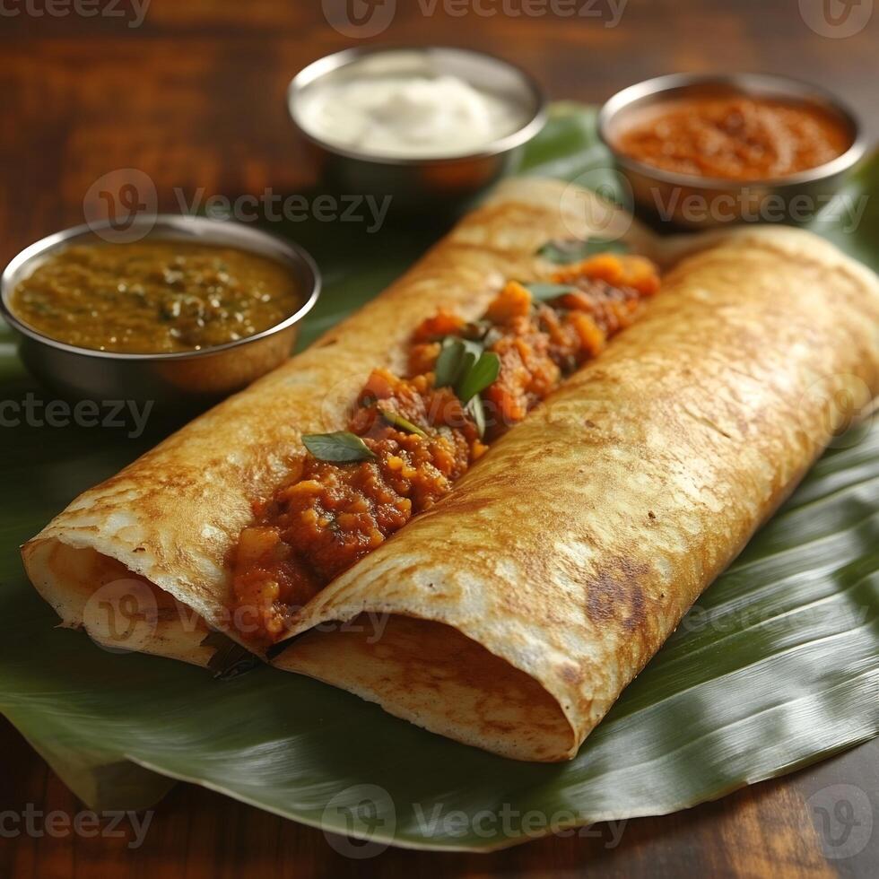 Traditional South Indian meal with dosa coconut chutney and sambar served on a banana leaf photo