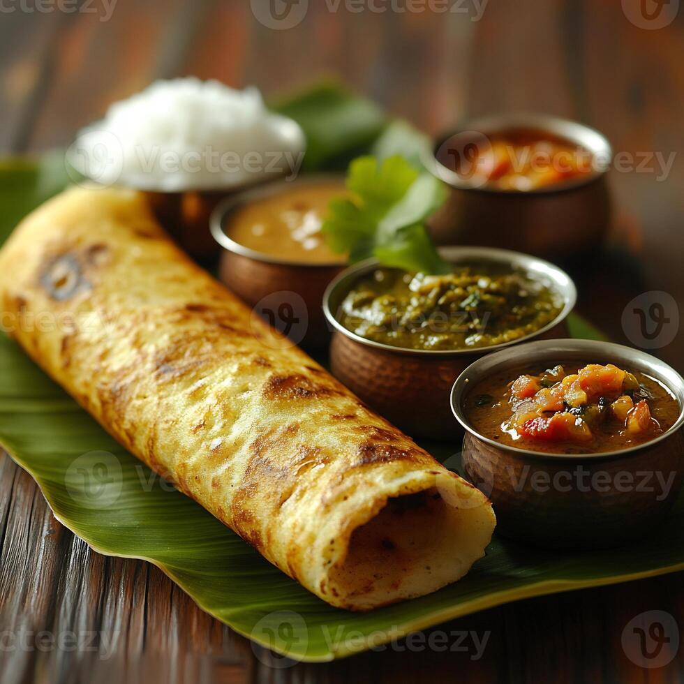 Traditional South Indian meal with dosa coconut chutney and sambar served on a banana leaf photo