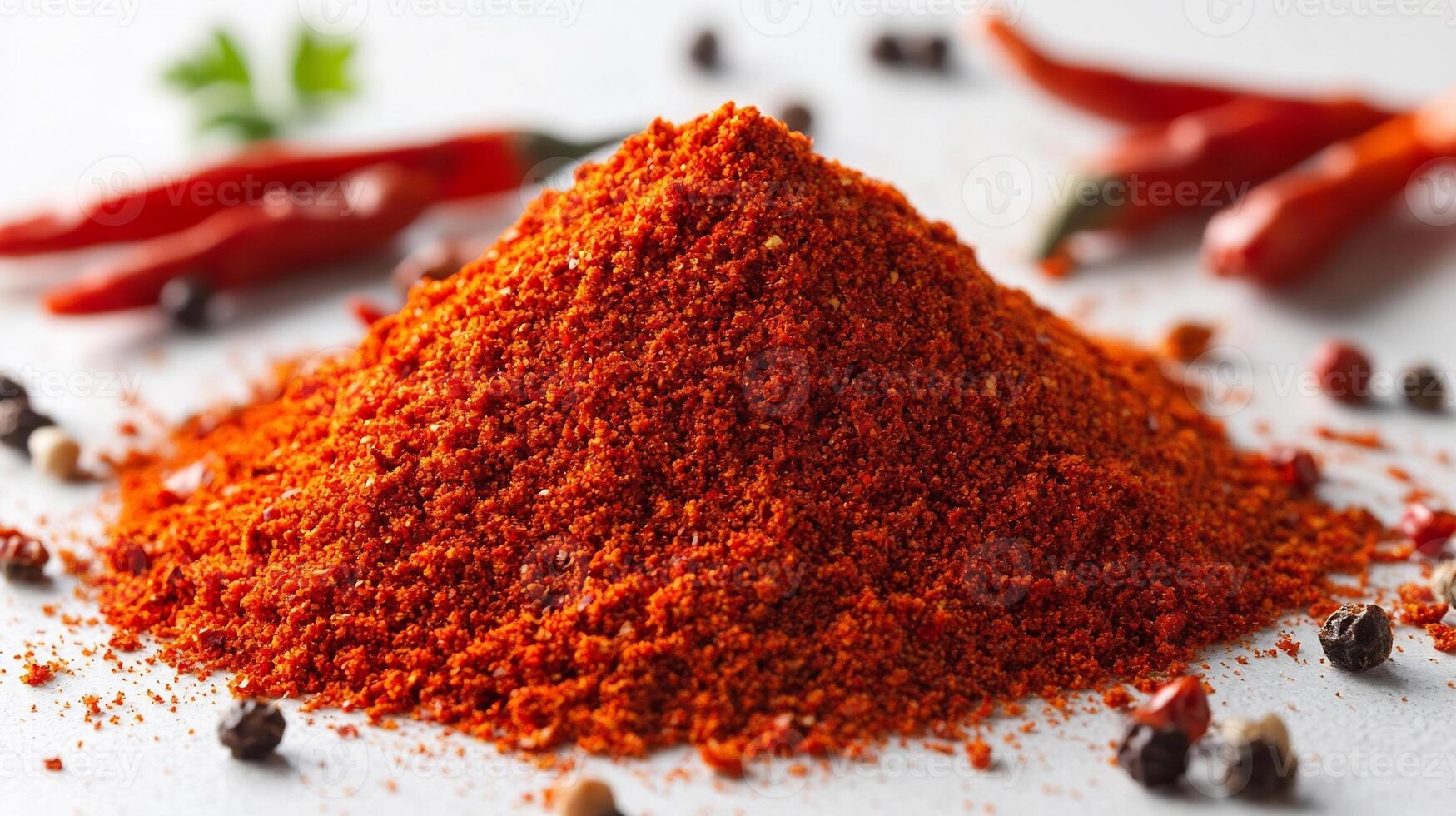 Vibrant heap of crushed red chili powder arranged in a small pile on a clean white background photo