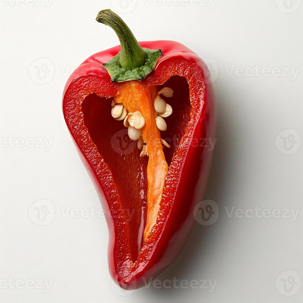 Vibrant red chili pepper sliced in half placed on a pure white background showing its fiery interior photo