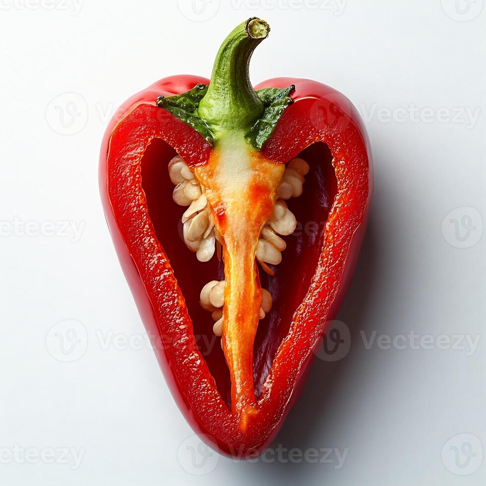 Vibrant red chili pepper sliced in half placed on a pure white background showing its fiery interior photo