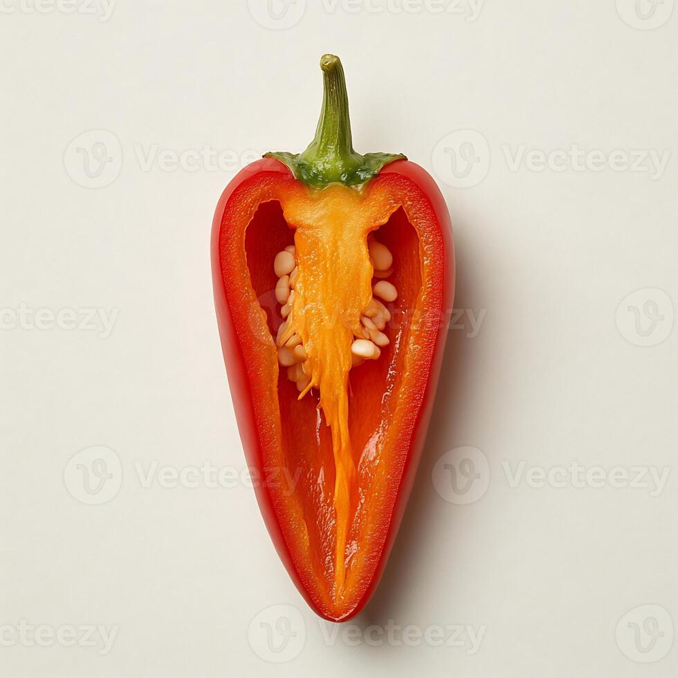 Vibrant red chili pepper sliced in half placed on a pure white background showing its fiery interior photo