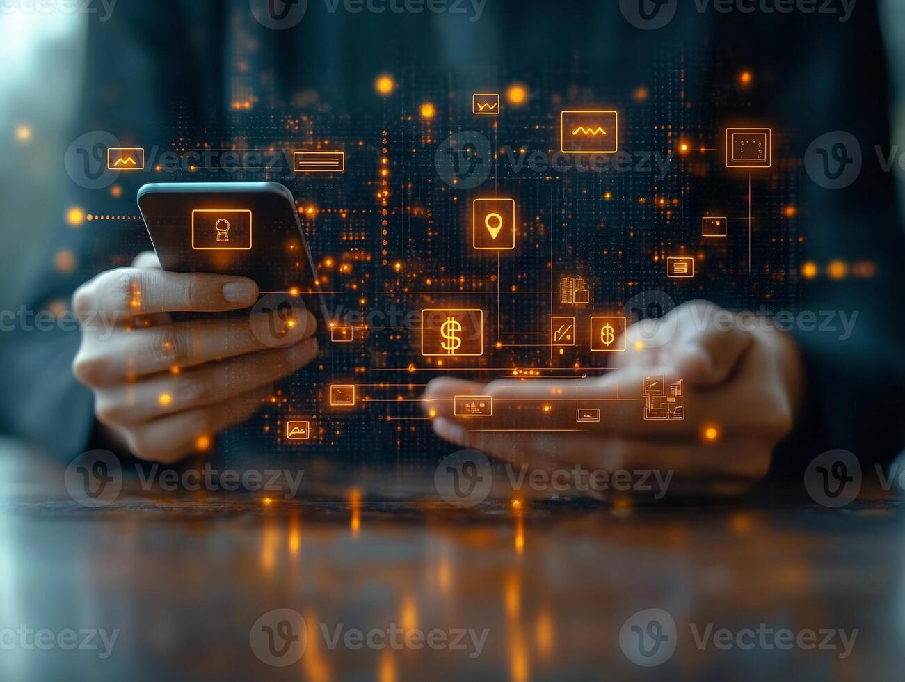 Abstract businessman using mobile phone digital wallet glowing currency icons and techinspired financial transactions Modern ebusiness and vibrant digital economy photo
