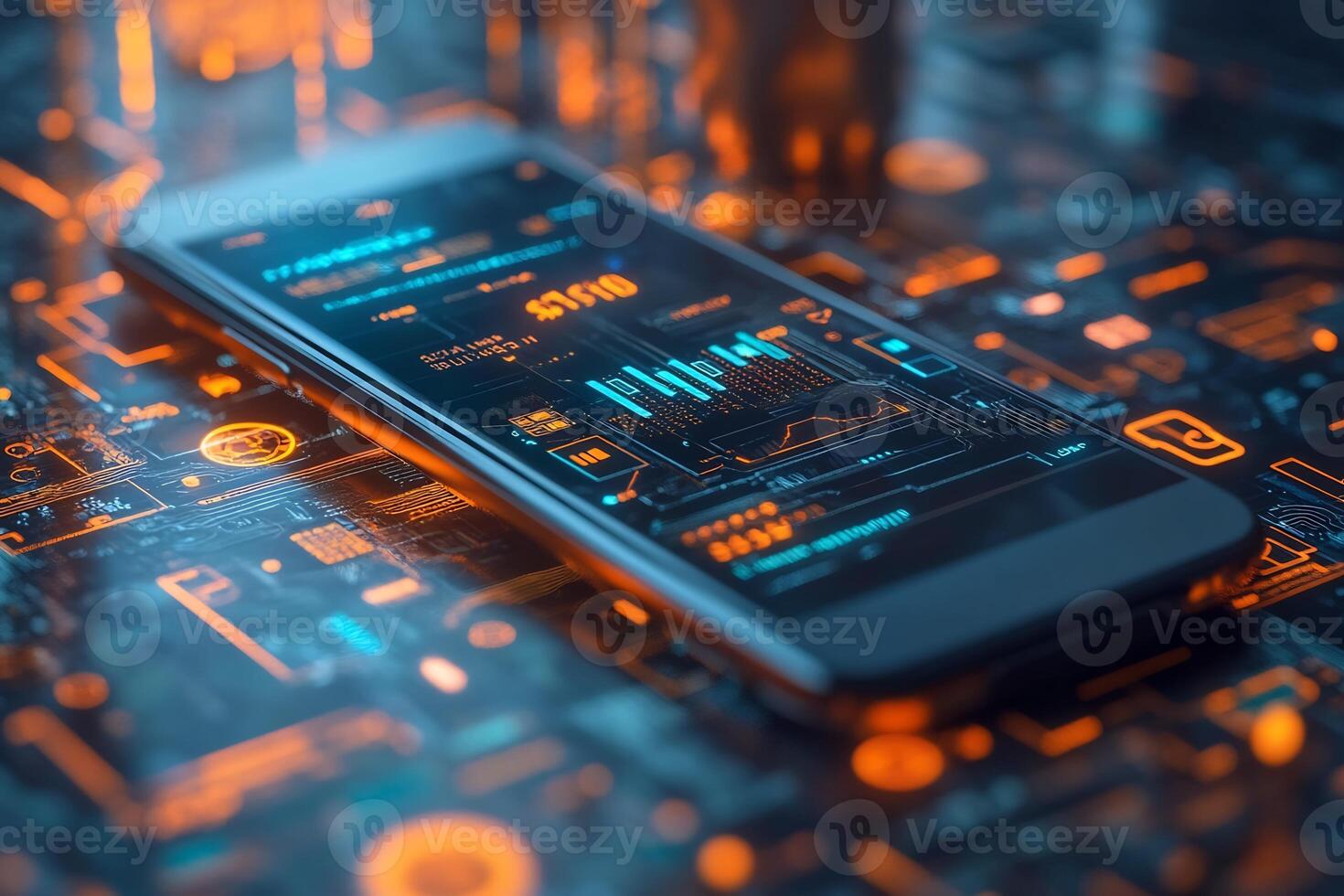 Abstract business digital wallet a smartphone screen surrounded by financial technology symbols currency and futuristic payment methods Sleek ebusiness concept photo