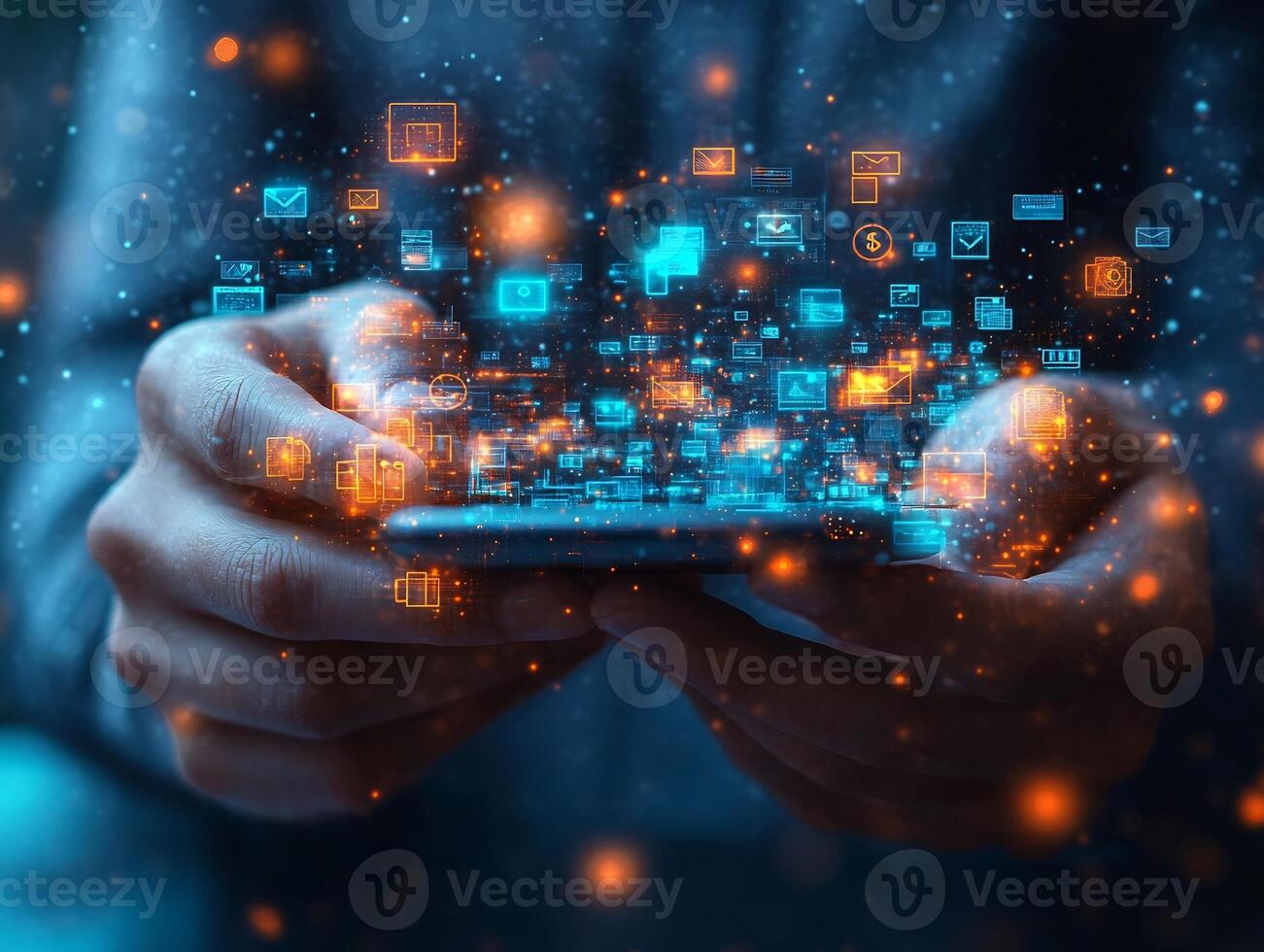 Abstract businessman using mobile phone digital wallet glowing currency icons and techinspired financial transactions Modern ebusiness and vibrant digital economy photo