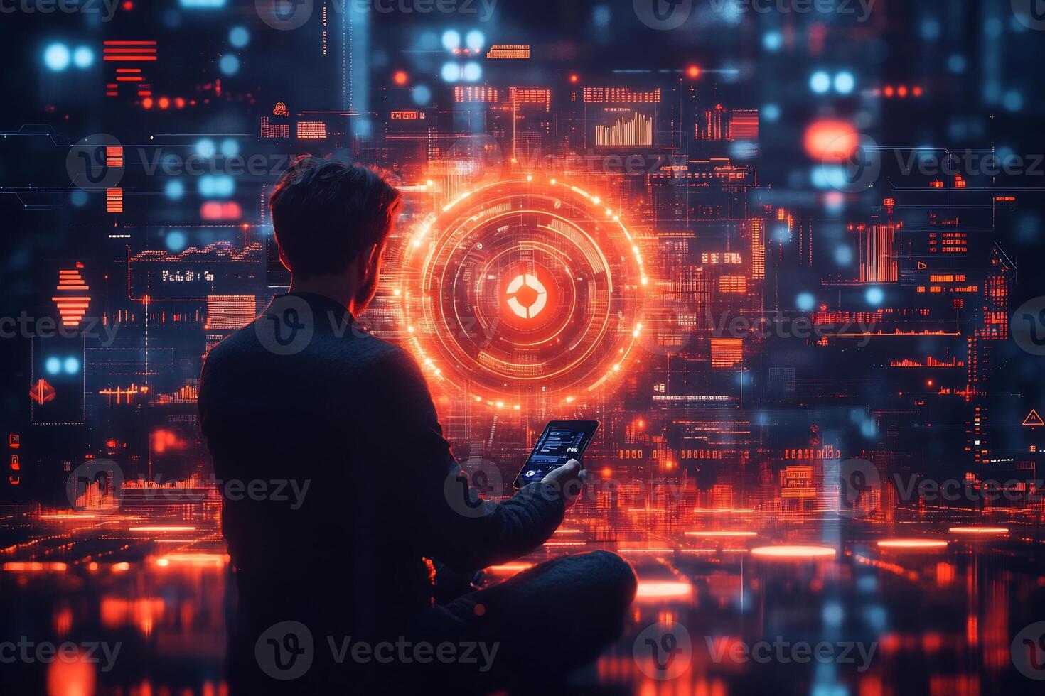 Abstract businessman a mobile phone digital wallet surrounded by vibrant financial icons currency and online transaction technology Smart finance and futuristic economy photo