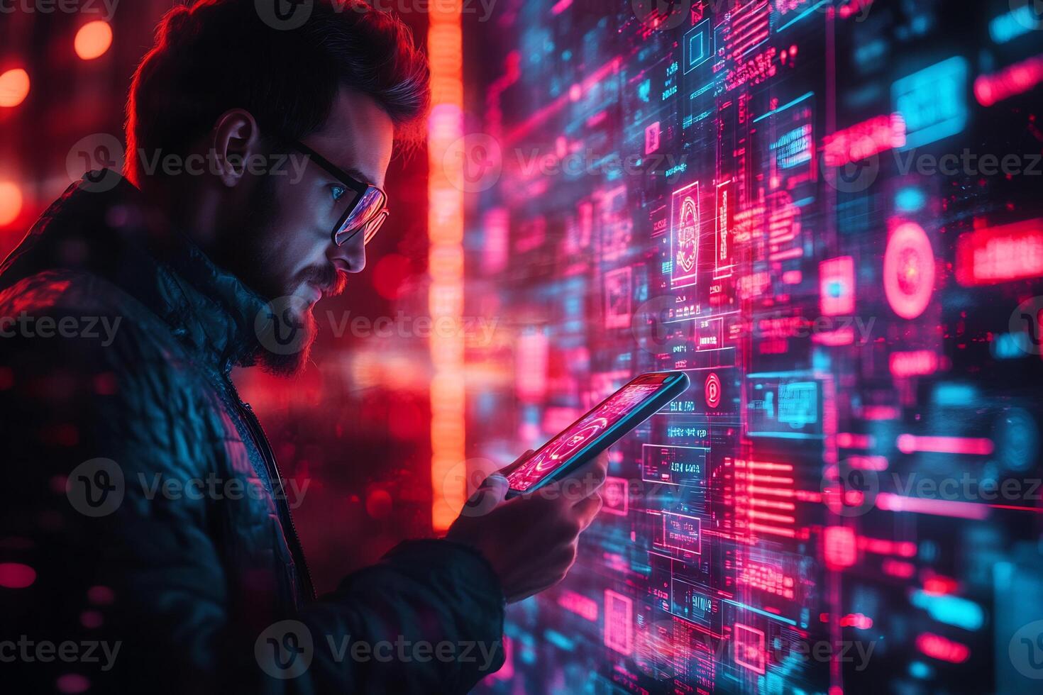 Abstract businessman a mobile phone digital wallet surrounded by vibrant financial icons currency and online transaction technology Smart finance and futuristic economy photo