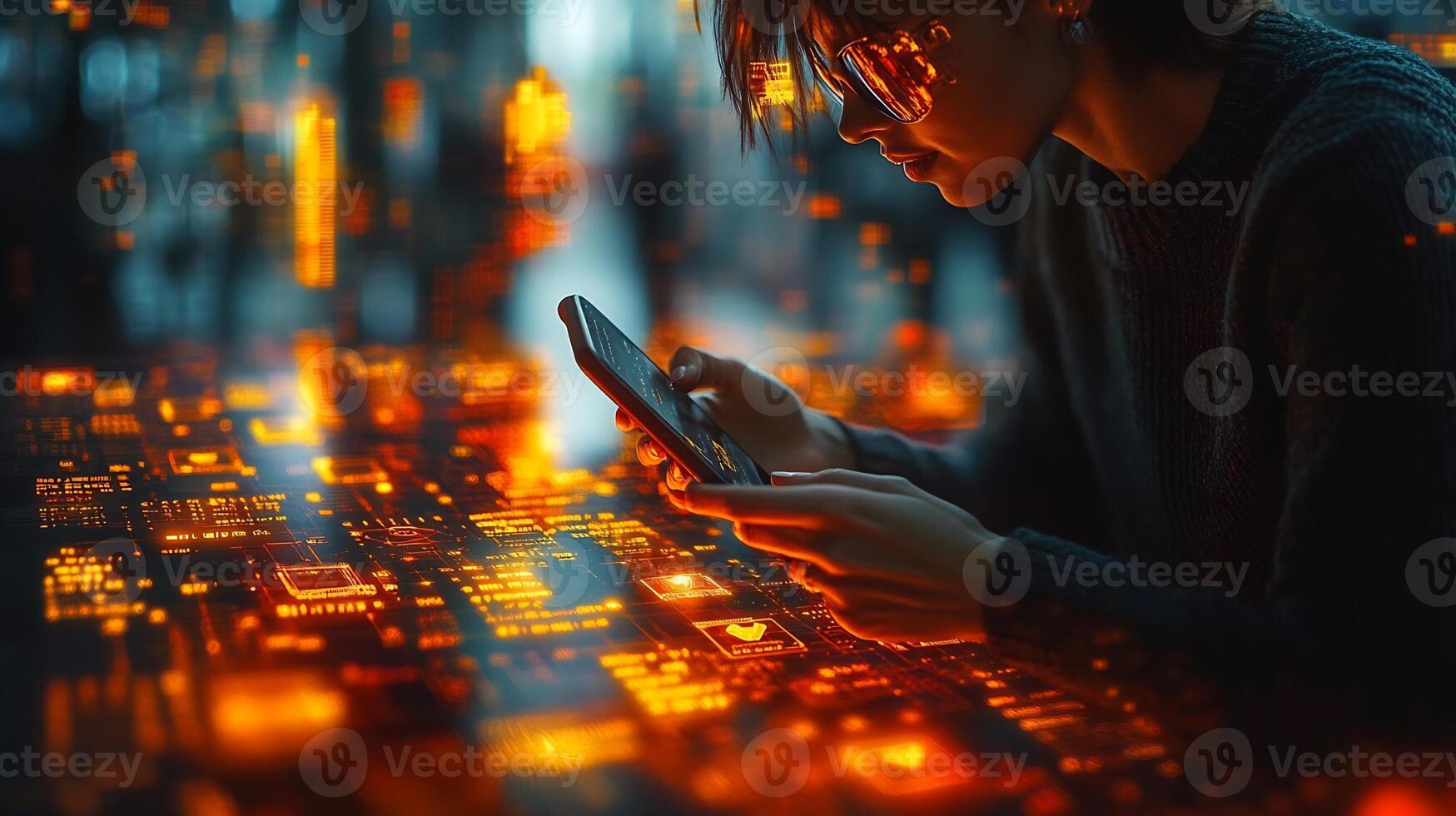 Abstract digital banking app a mobile phone glowing currency icons and techinspired graphics Modern ebusiness transactions futuristic financial economy and online payment photo