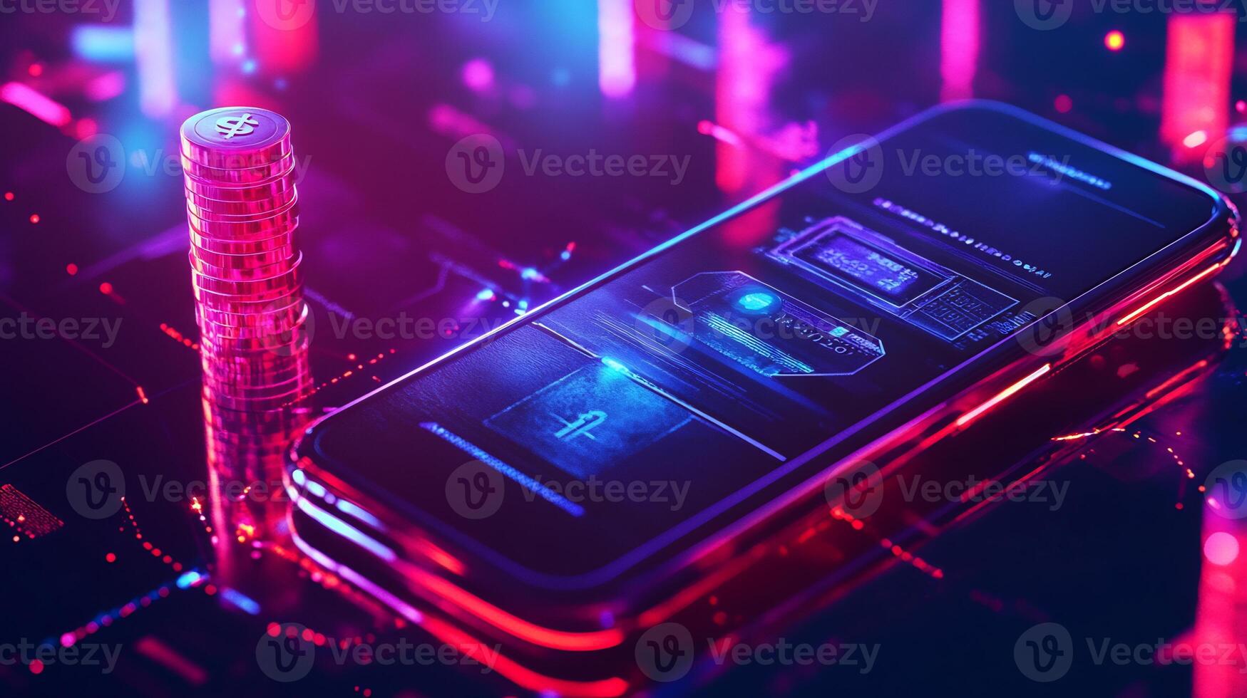Abstract mobile phone screen showing futuristic digital wallet with currency symbols techdriven financial transactions and vibrant business economy Modern online payment concept photo