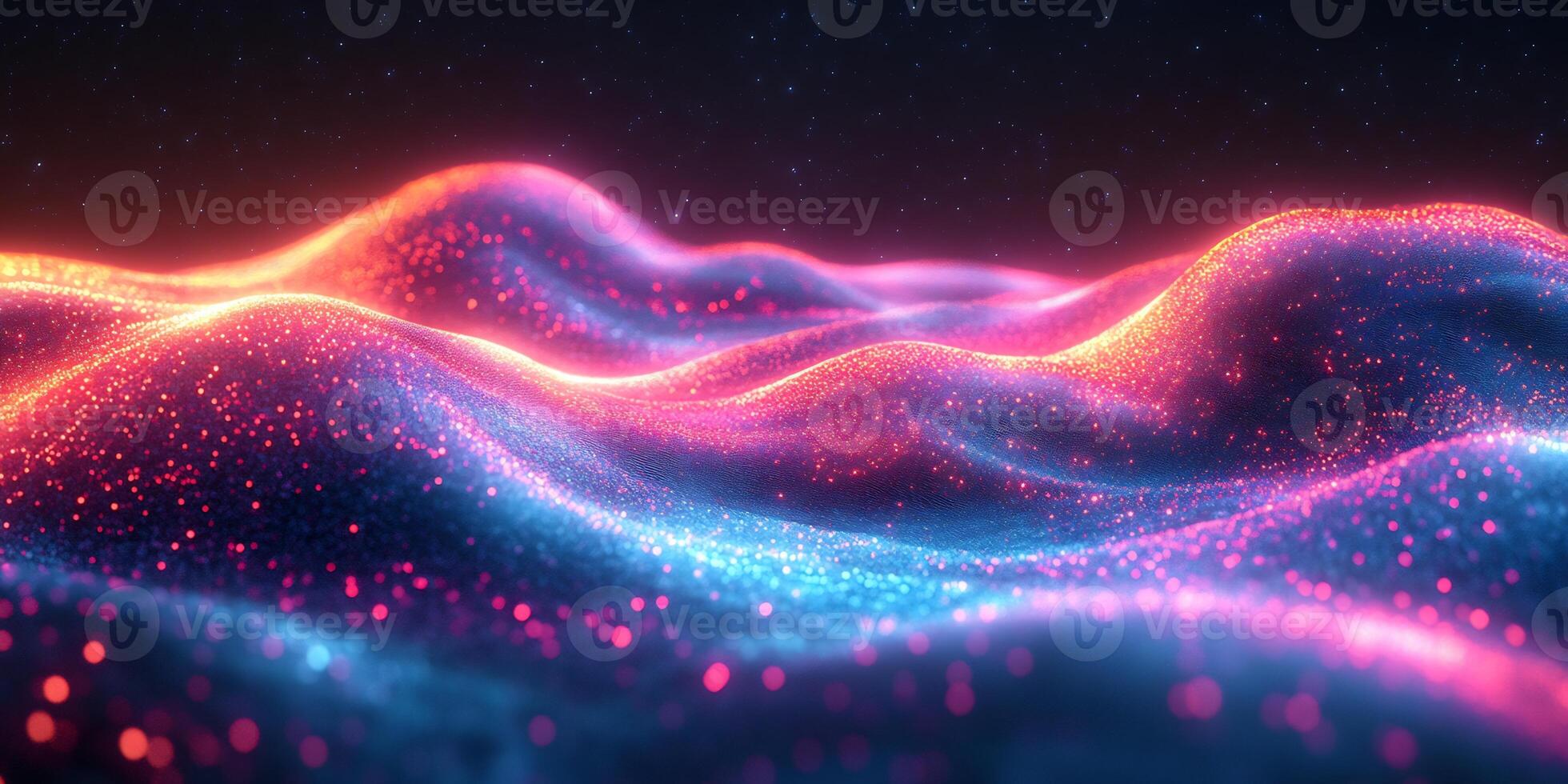 Abstract wave pattern glowing neon blue and pink light geometric shapes and flowing motion Futuristic threedimensional design with vibrant tech energy photo