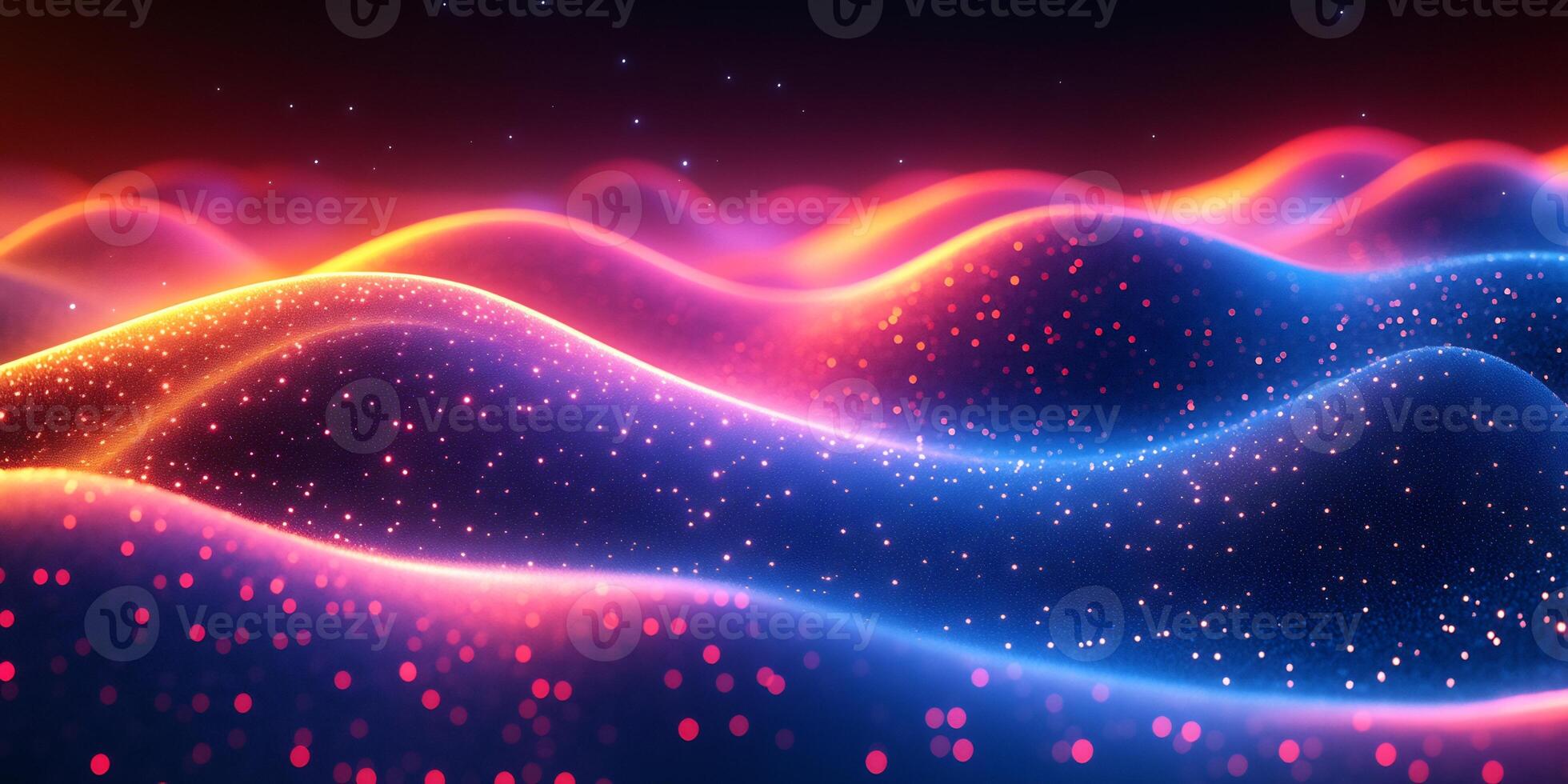 Abstract wave pattern glowing neon blue and pink light geometric shapes and flowing motion Futuristic threedimensional design with vibrant tech energy photo