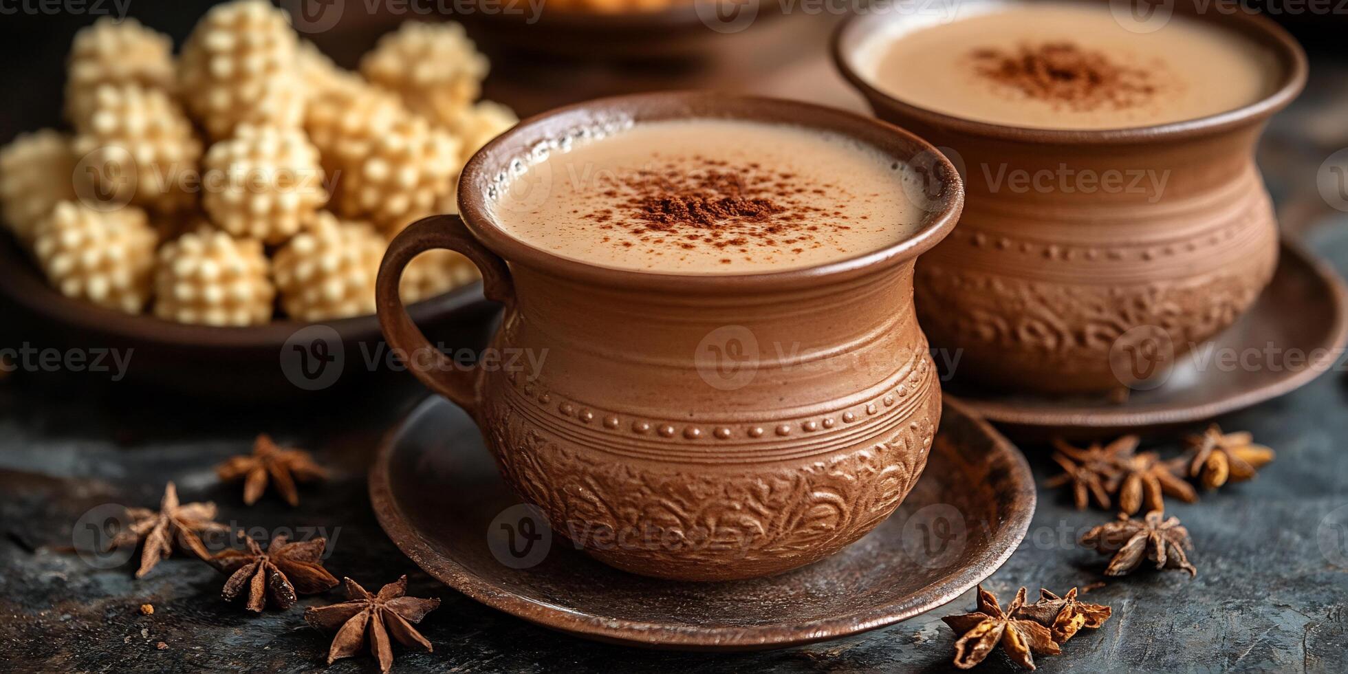 Aromatic masala chai a clay cup with freshly made Indian snacks like chakli and mathri in the background photo