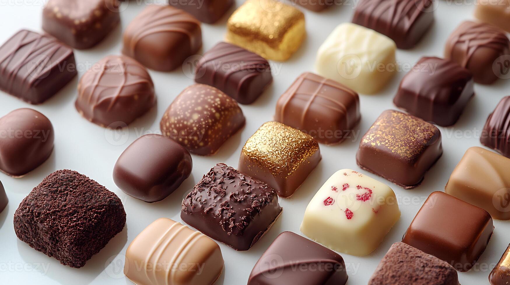 Assorted chocolates gold wrappers arranged elegantly on a clean white background luxurious and tempting photo