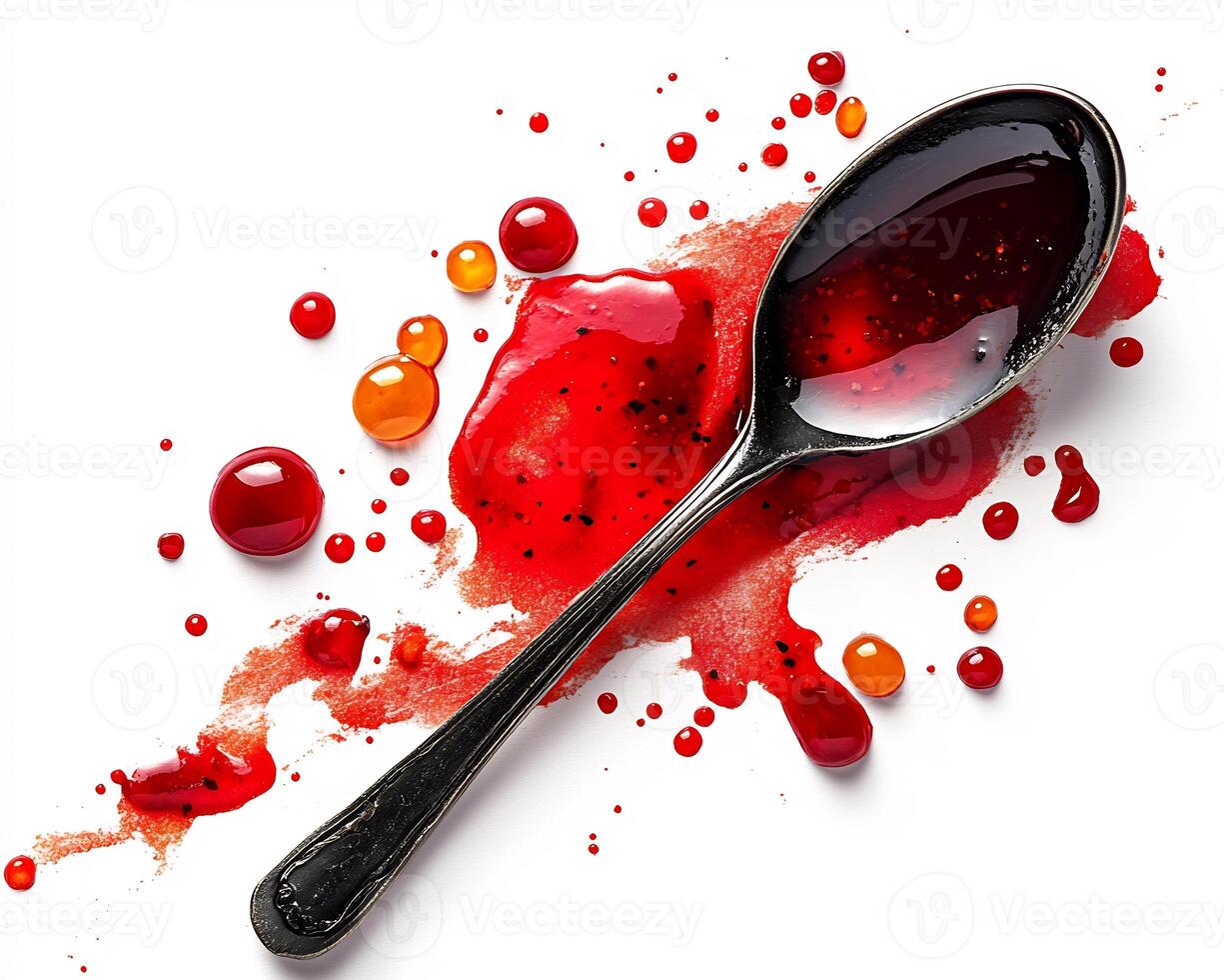 Bold fiery periperi sauce splashed onto a white background with a spoon beside it photo
